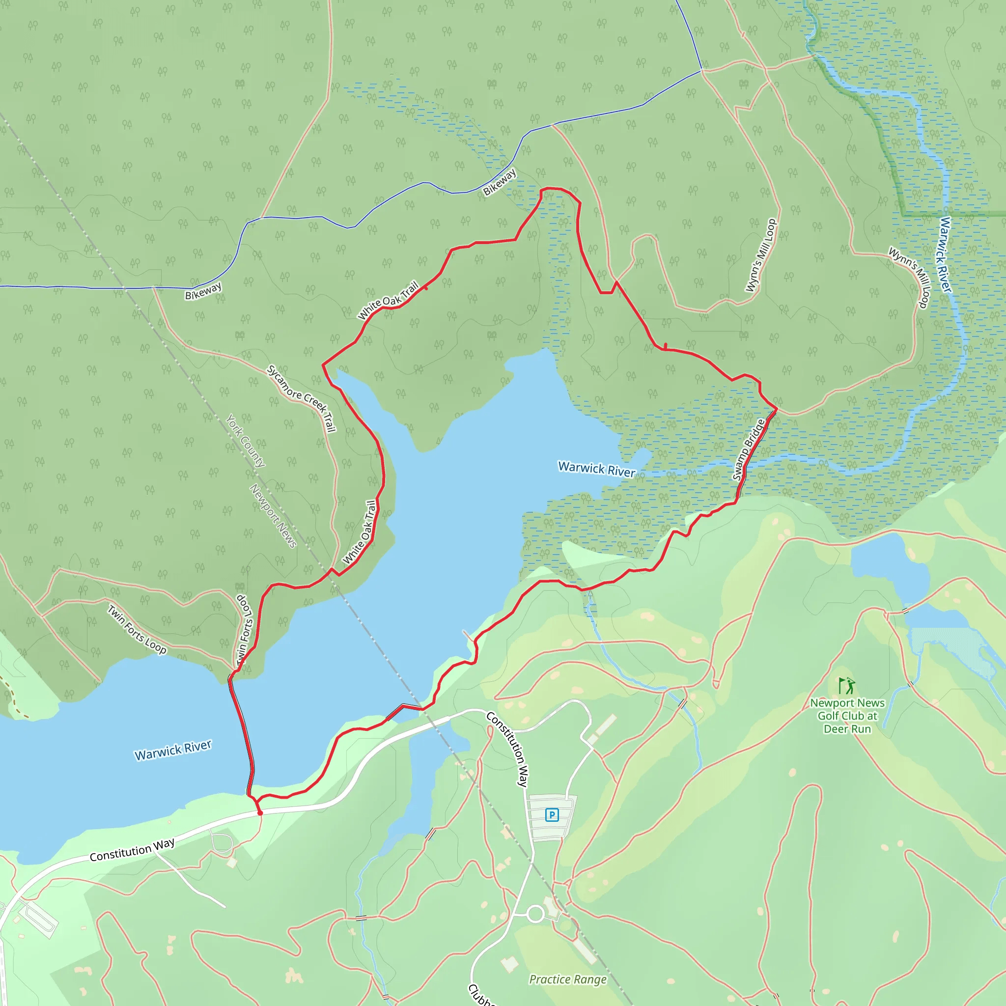 Swamp Bridge and White Oak Loop Trail - Lee Hall Reservoir Upper Basin mobile static map