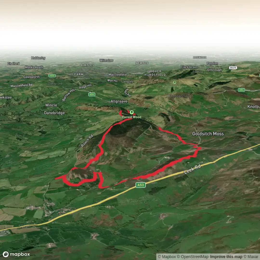 An image depicting the trail Hen Cloud, The Roaches, Luds Church, Gradbach Hill and Ramshaw Rocks Loop and its surrounding area.