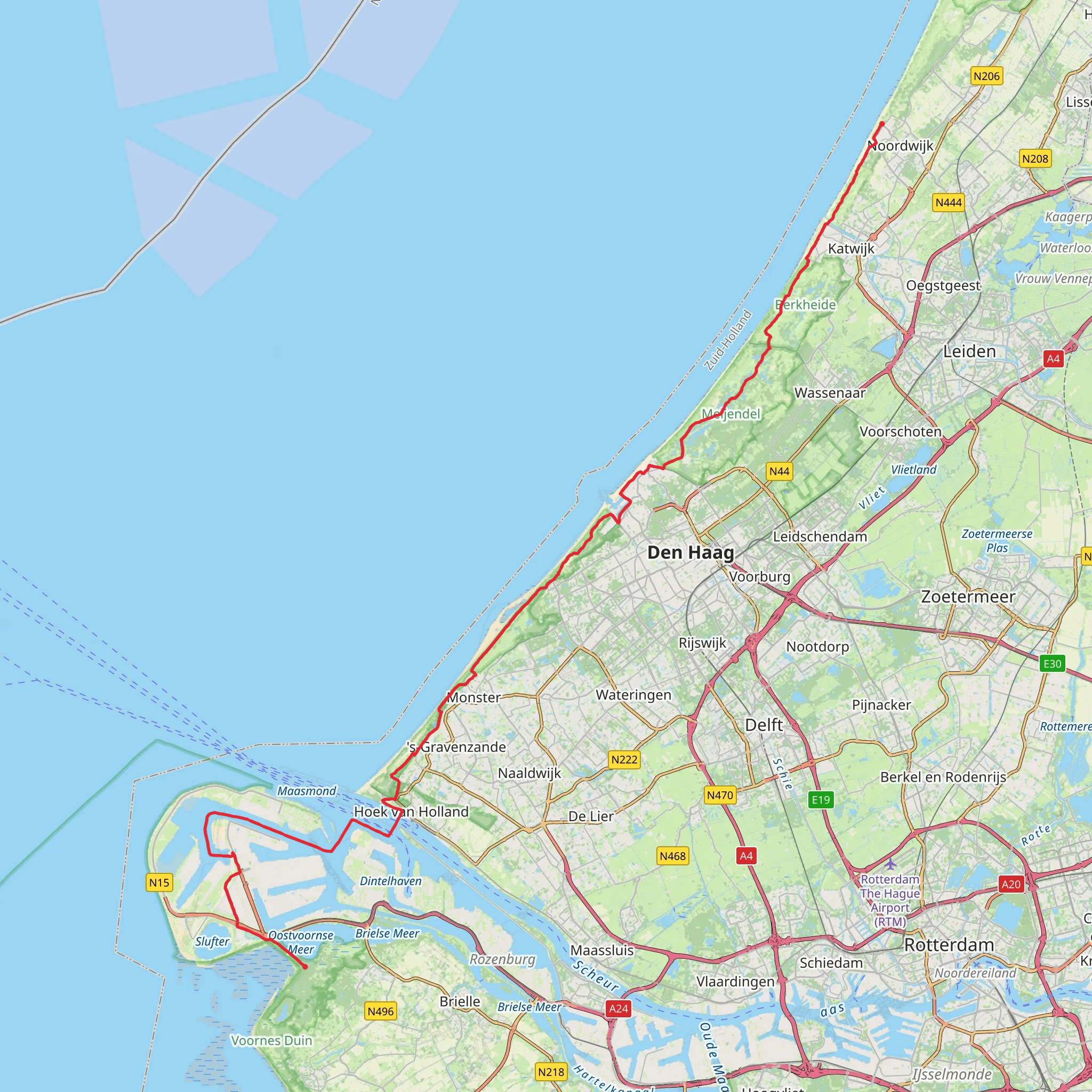 Noordwijk to Oostvoorne via Ganzenhoekweg, Prinsenweg and Cort van der Lindenpad mobile static map