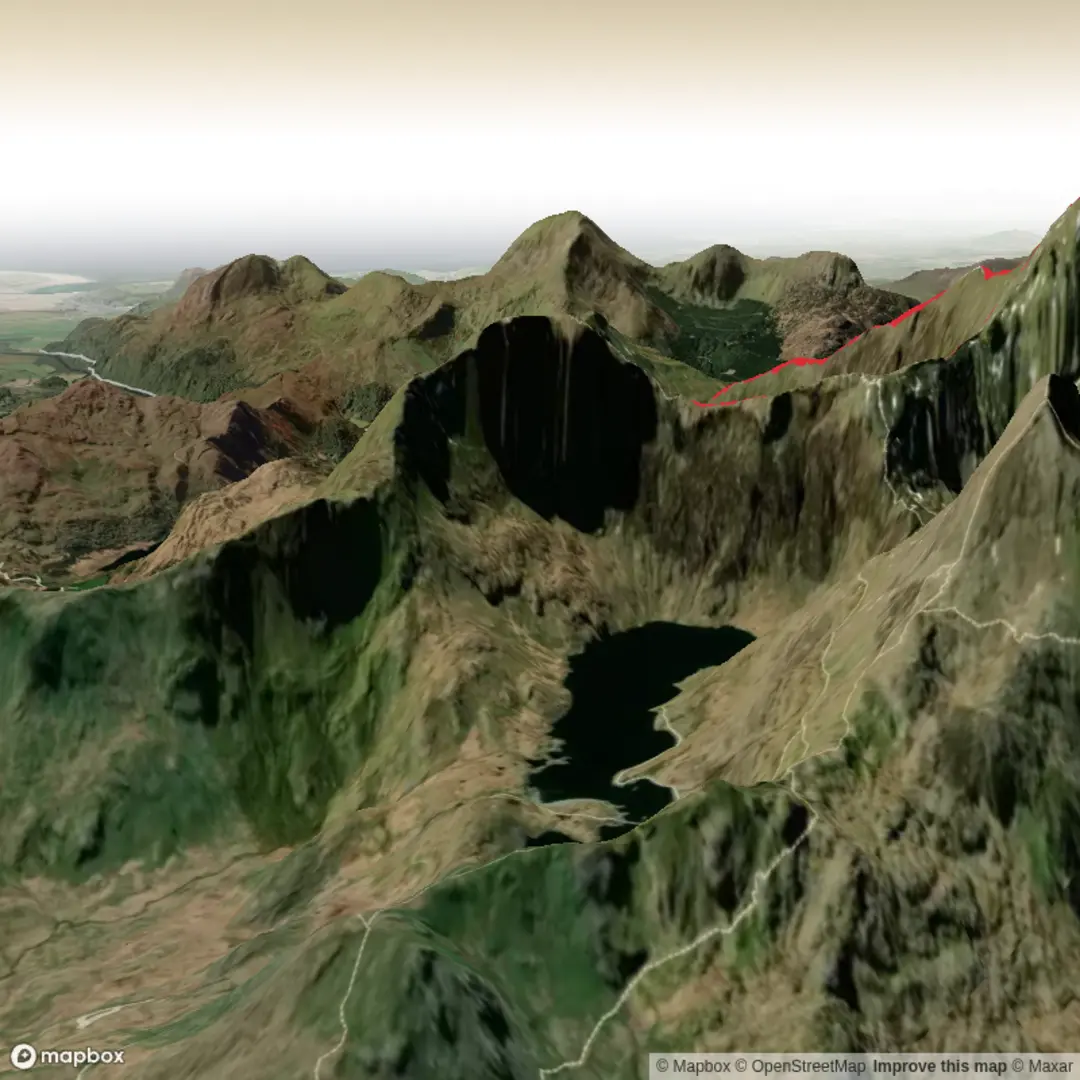 An image depicting the trail Snowdon Via the Watkin Path & South Col - Upper Limits UK and its surrounding area.