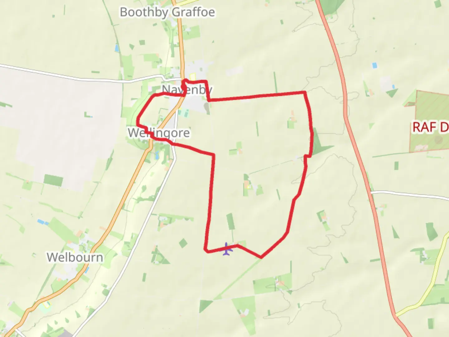 An image depicting the trail Navenby and Wellingore Loop via Gorse Hill Covert and its surrounding area.