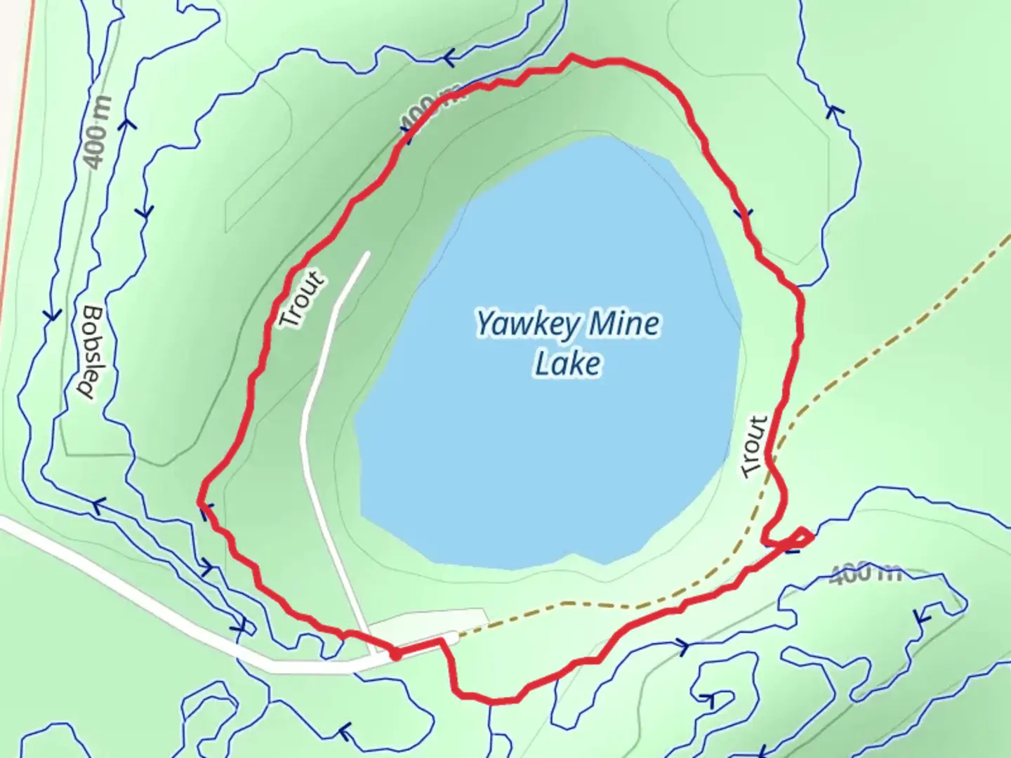 An image depicting the trail Yawkey Mine Lake Loop and its surrounding area.