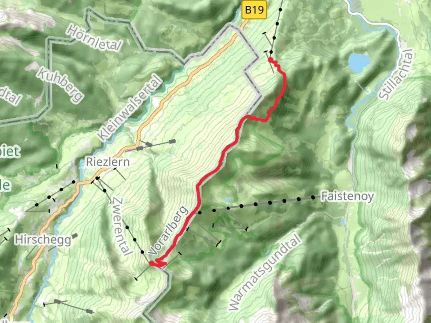 An image depicting the trail Schoenblick to Kanzelwand via Bergscgauweg and its surrounding area.