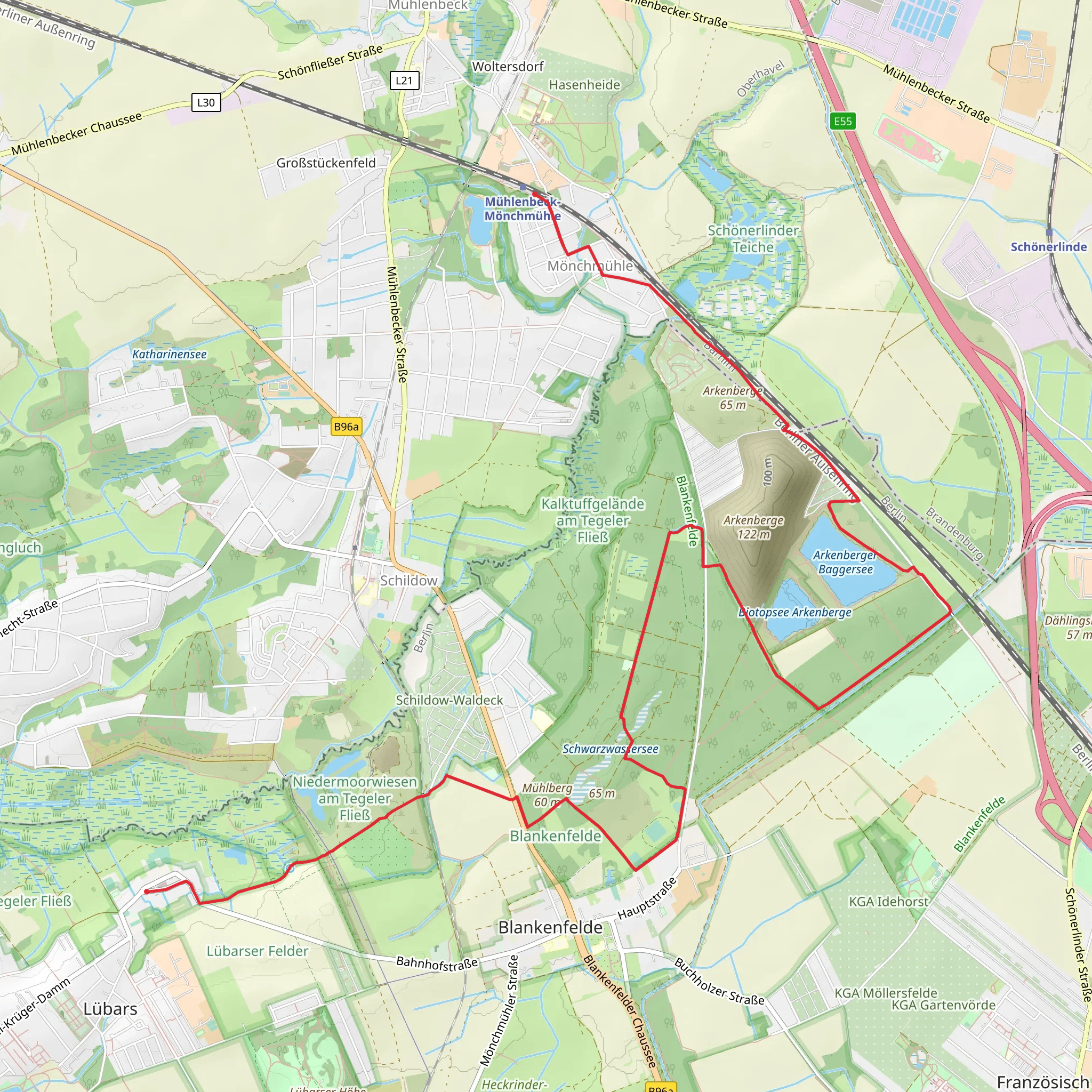 Schwarzwassersee and Arkenberger Baggersee via Barnimer Doerferweg mobile static map