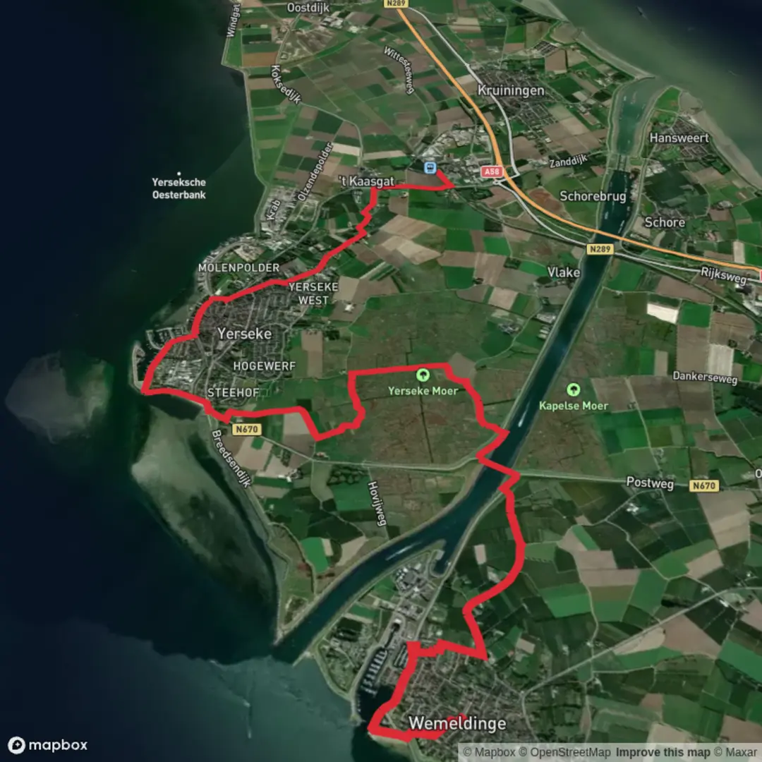 An image depicting the trail Wemeldinge to Kruiningen Yerseke via De Breede and Oosterschelde and its surrounding area.
