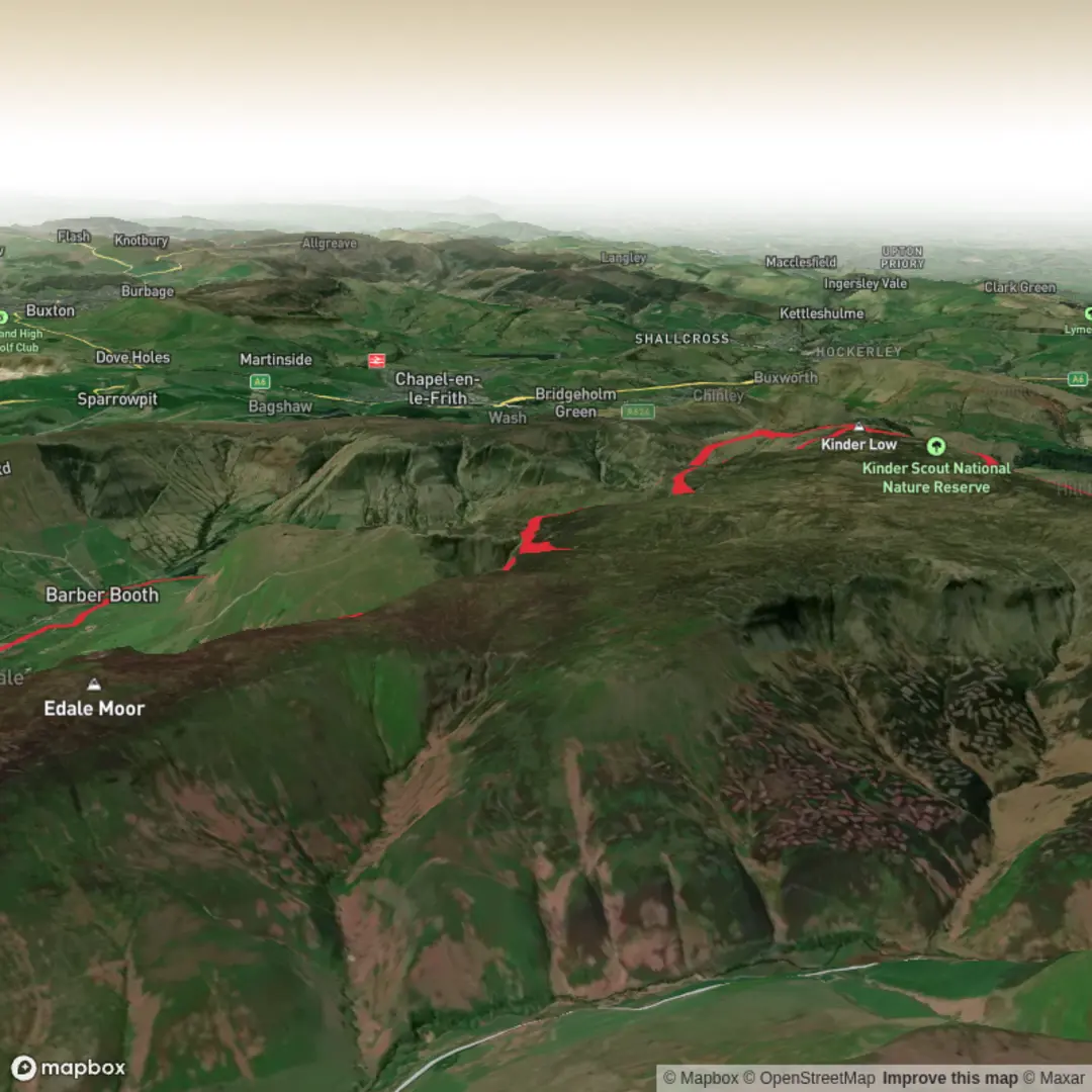 An image depicting the trail Edale - Kinder circular and its surrounding area.
