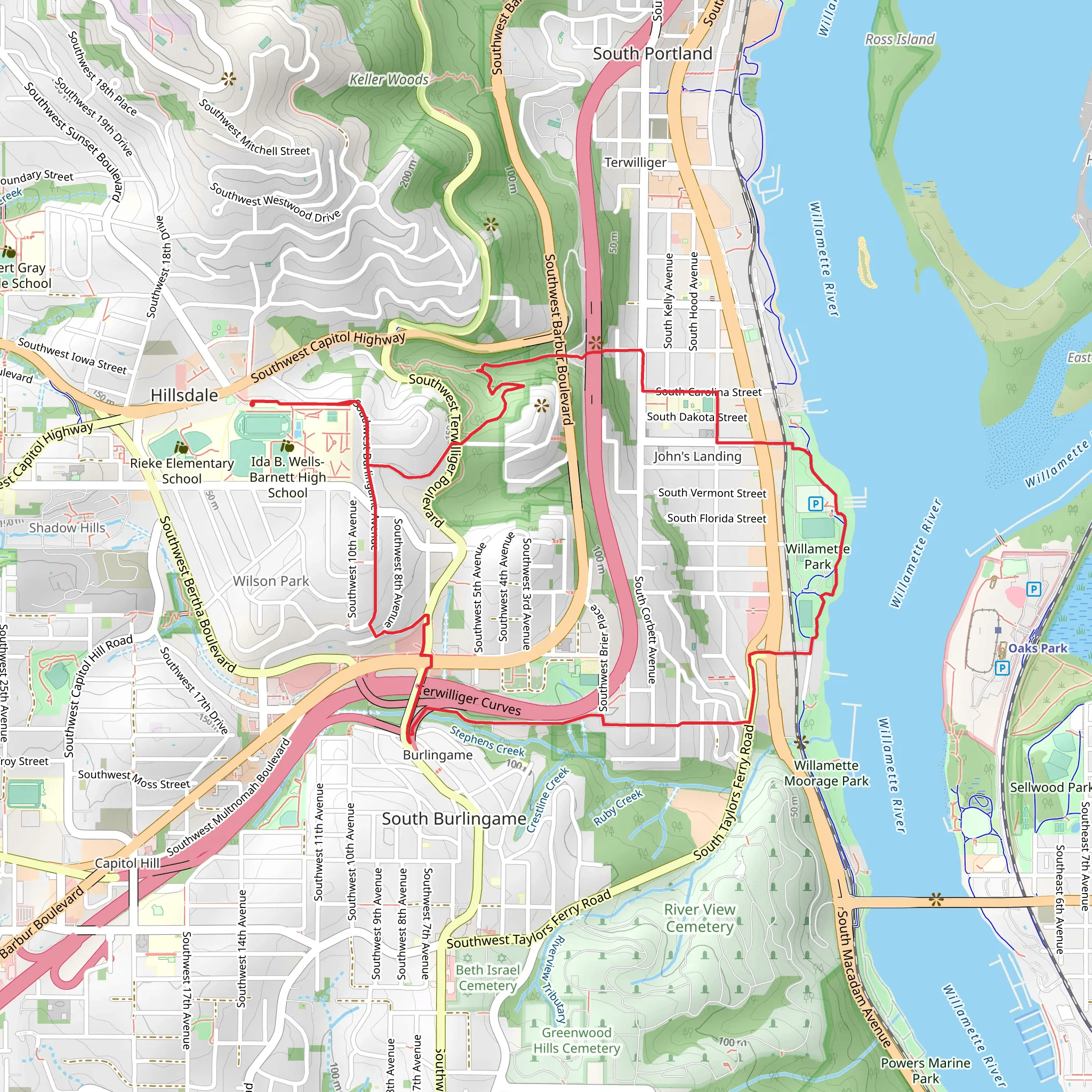 George Himes, Willamette Greenway and Red Electric Loop Trail mobile static map