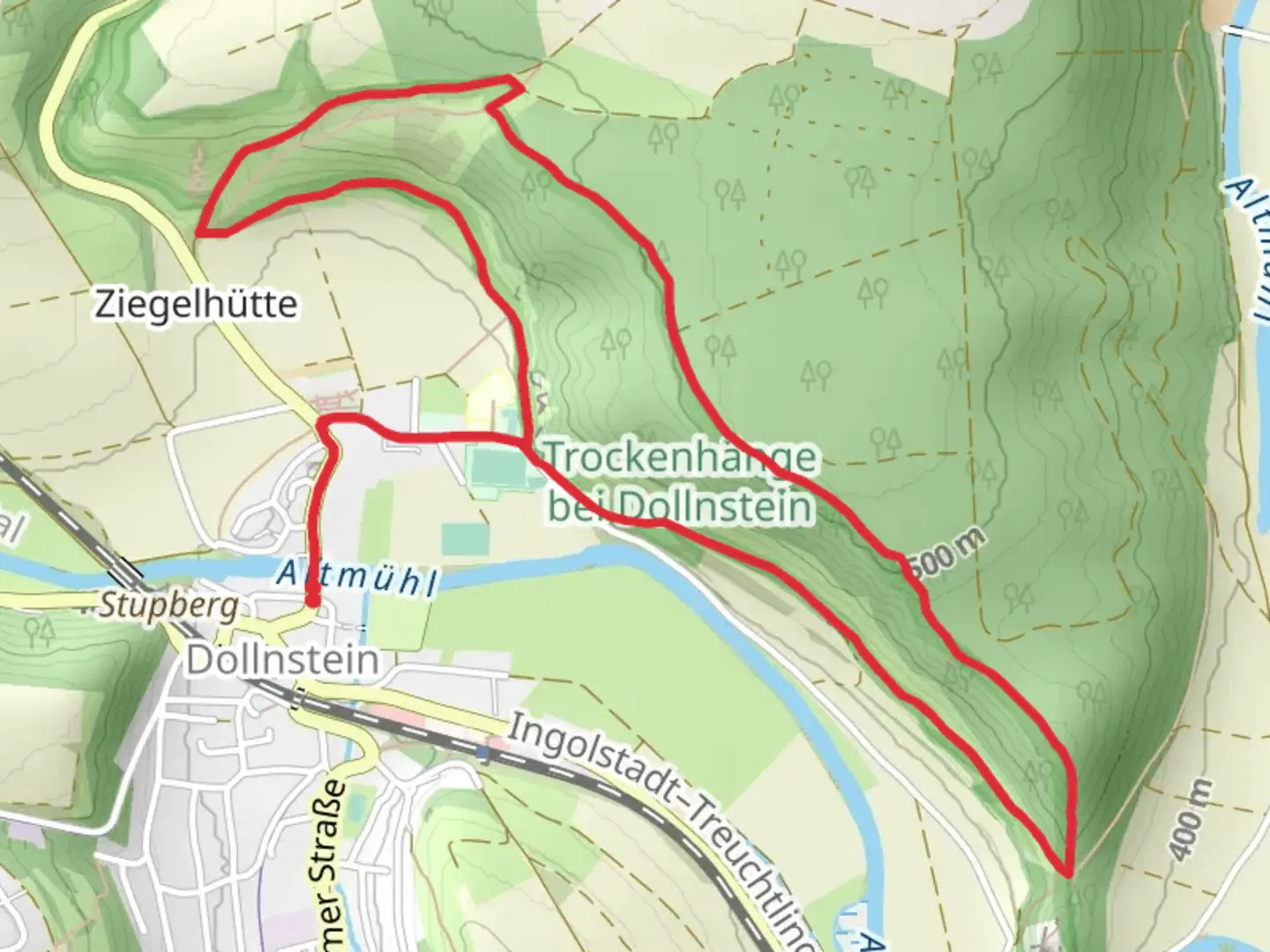 An image depicting the trail Trockenhänge bei Dollnstein, Maderfelsen and Muhlberg Loop and its surrounding area.