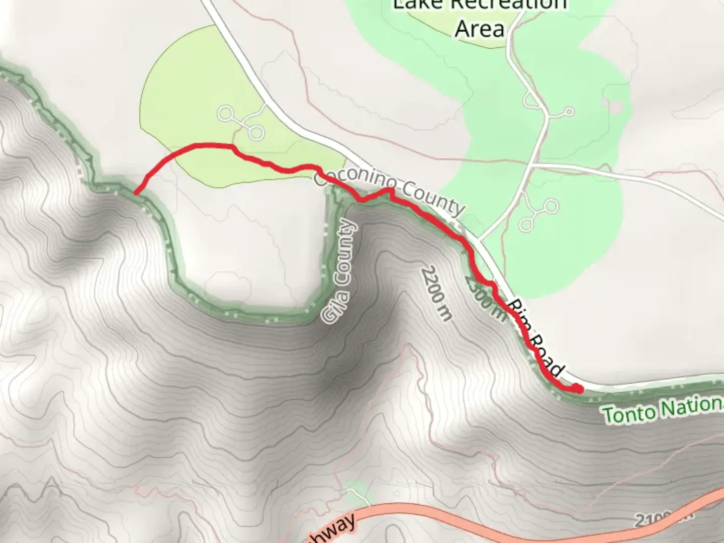 An image depicting the trail Rim Lakes Vista Trail from Rim Road and its surrounding area.