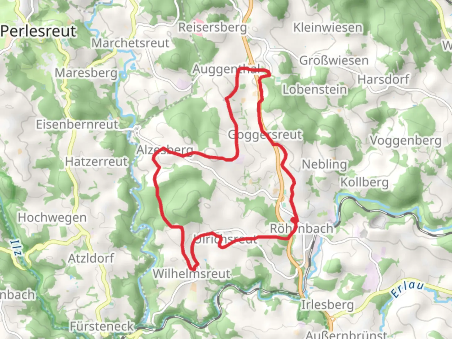 An image depicting the trail Rohrnbach and Alzesberg Loop and its surrounding area.