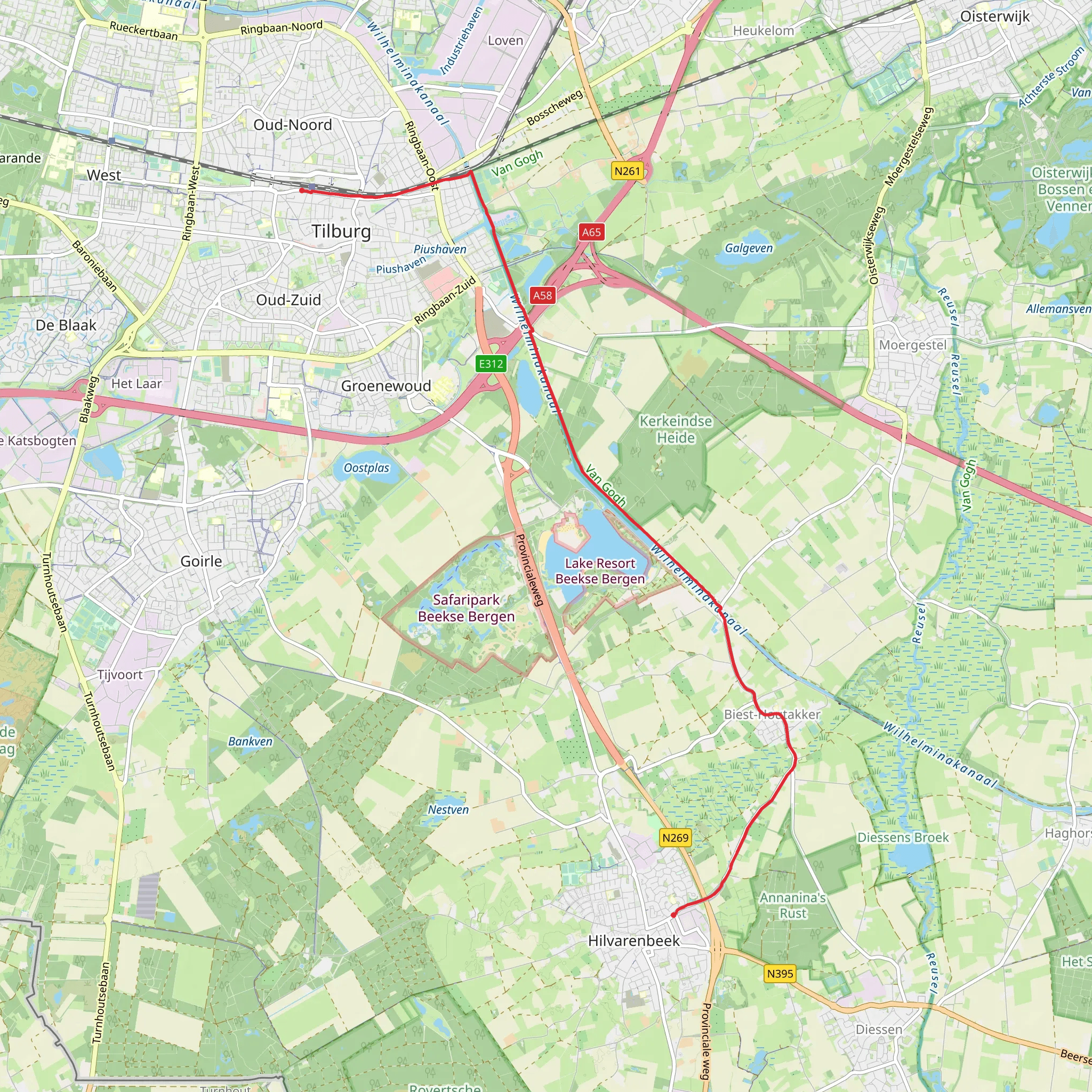 Tilburg to Hilvarenbeek via De koningshoeven mobile static map