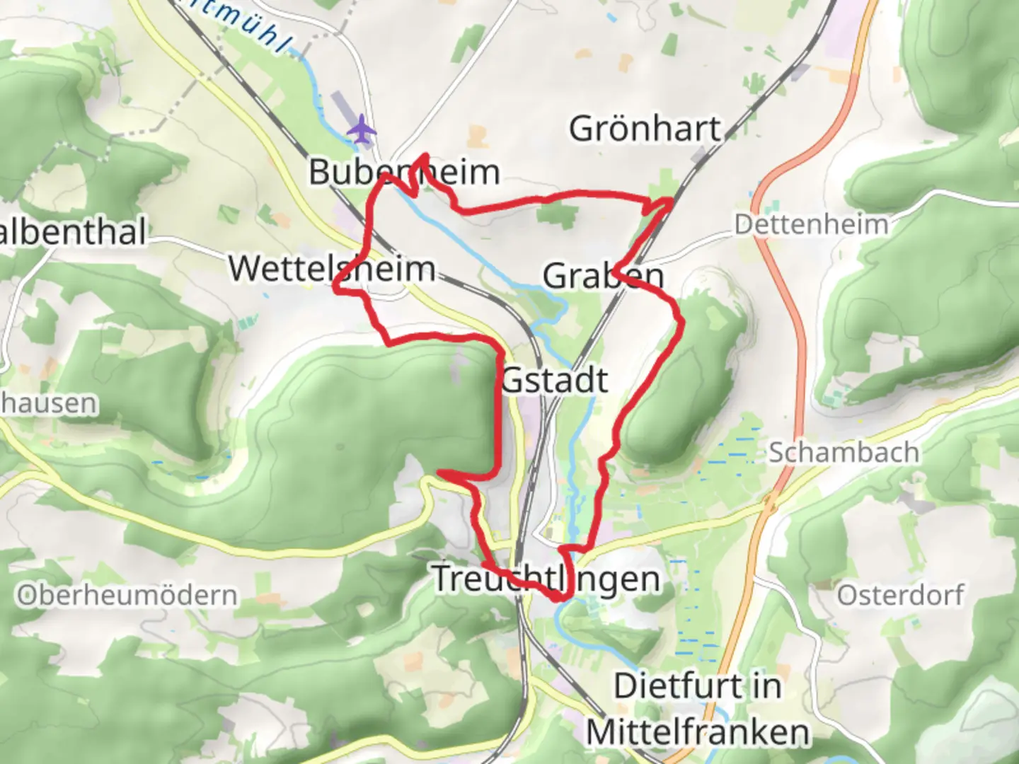 An image depicting the trail Treuchtlingen and Zollmuhle Loop via Altmuhl and its surrounding area.