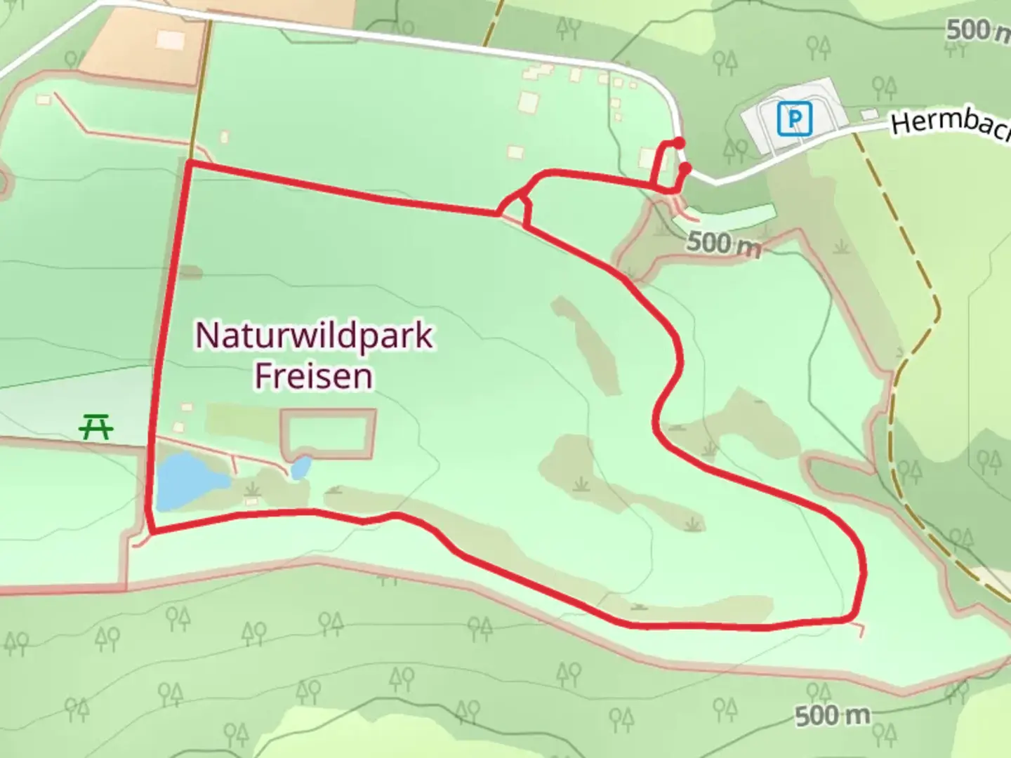 An image depicting the trail Naturwildpark Freisen Loop and its surrounding area.