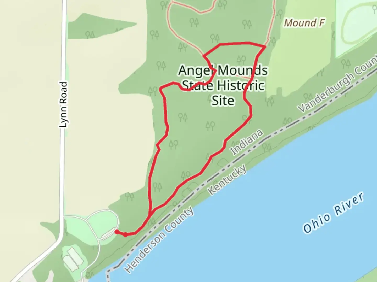 An image depicting the trail Angel Mounds Outer Loop and its surrounding area.