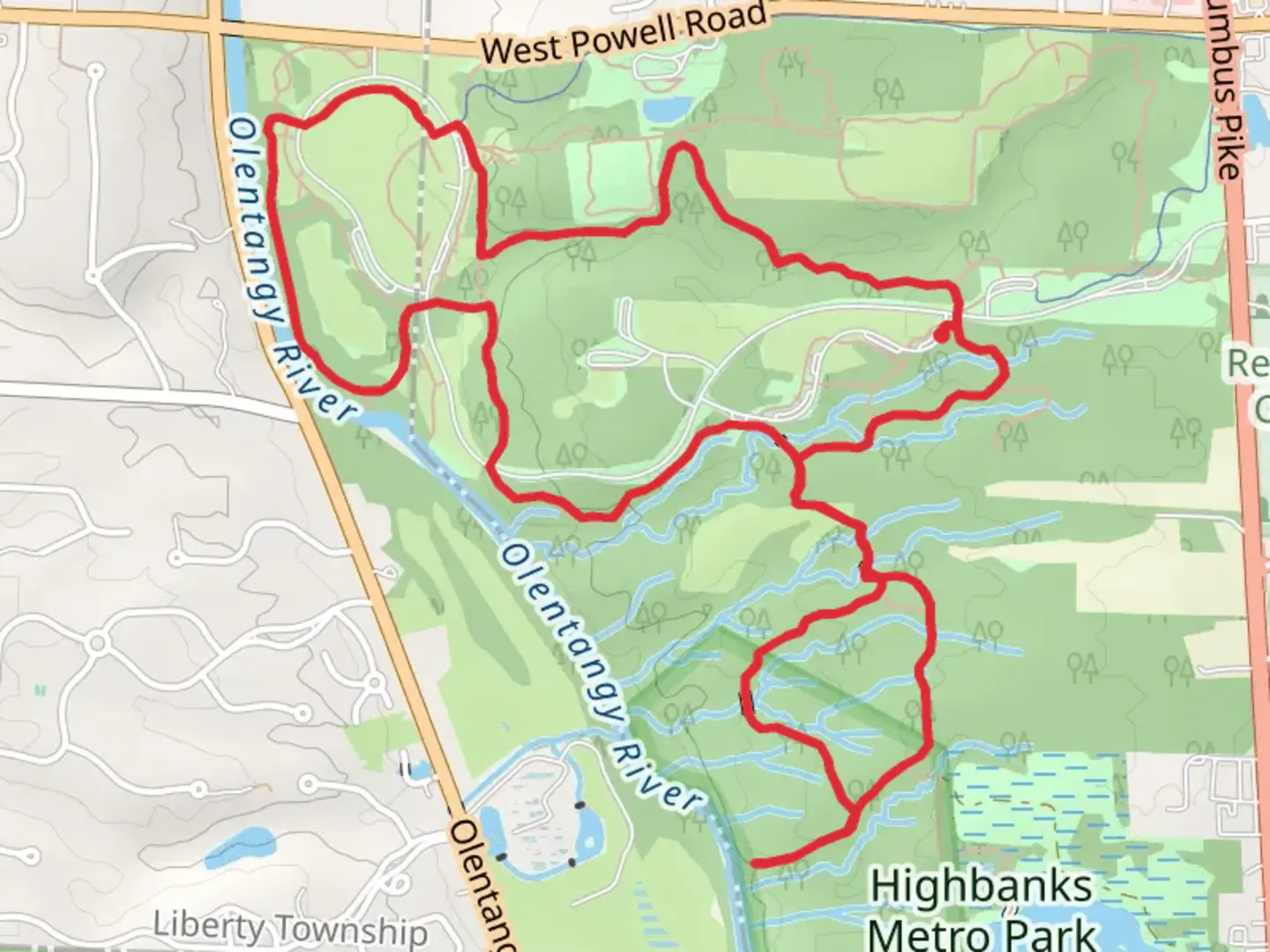 An image depicting the trail Dripping Rock Trail and Highbanks Metro Park Loop and its surrounding area.