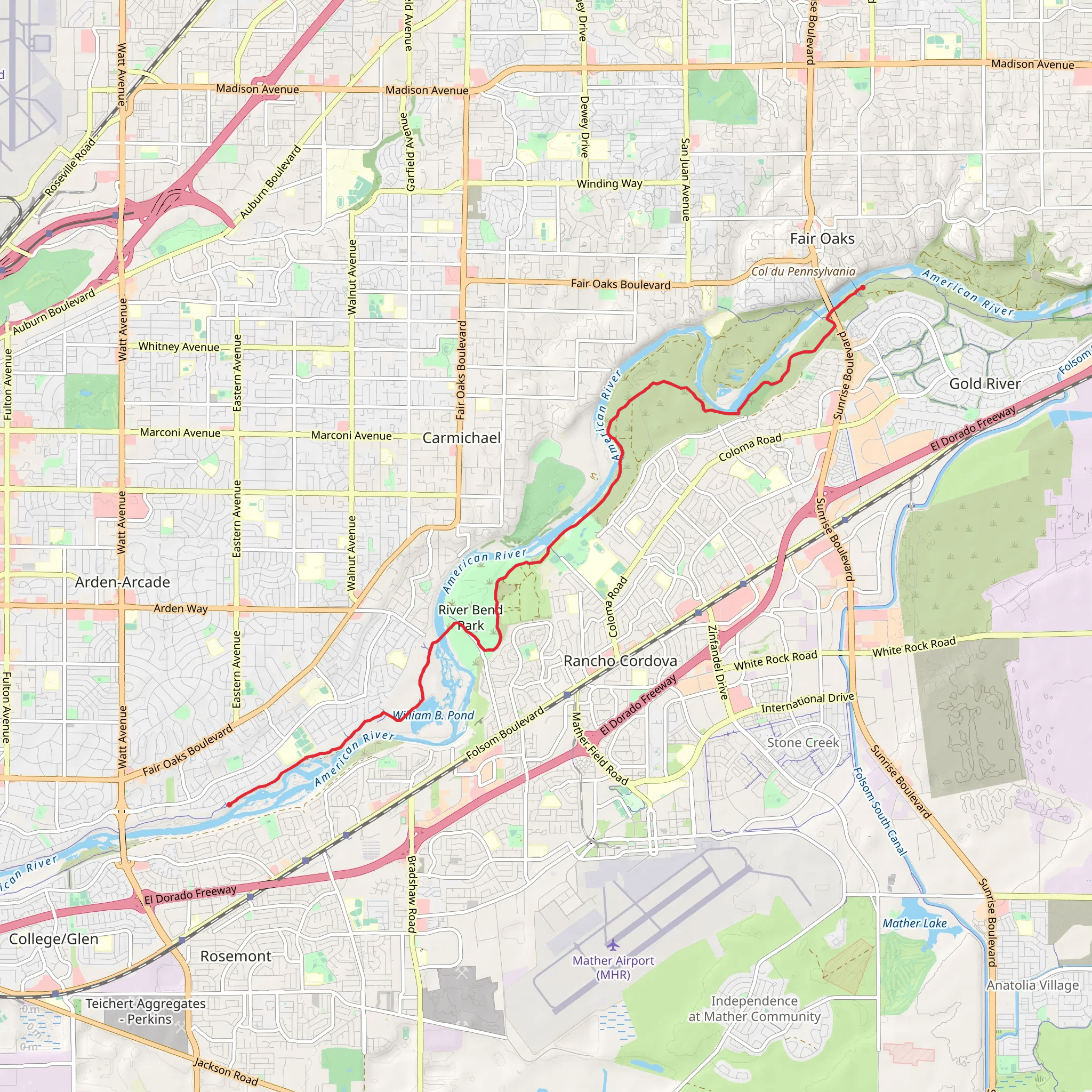 American River Trail from Upper Sunrise Drive mobile static map