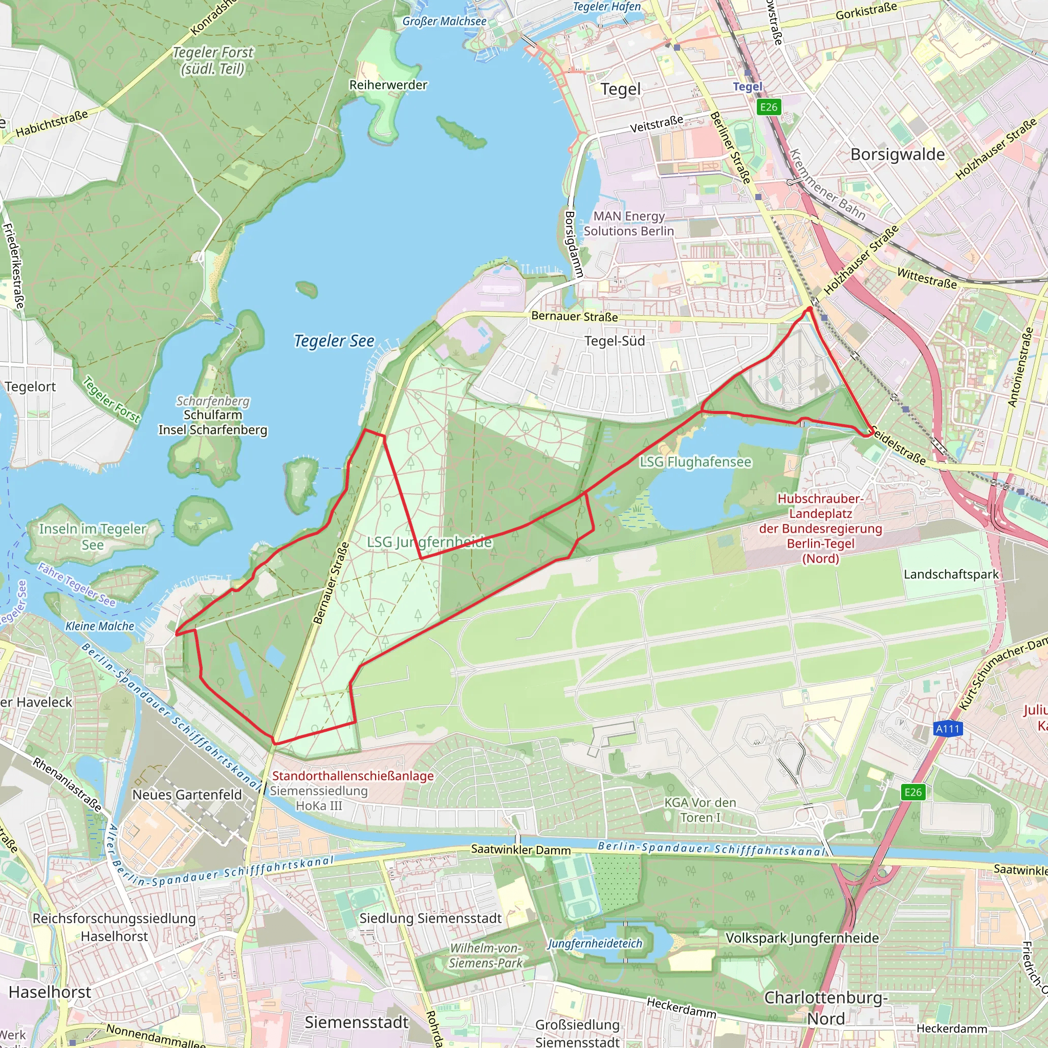 Flughafensee and Reiswerder Strand via Wanderweg 1 and 8 mobile static map