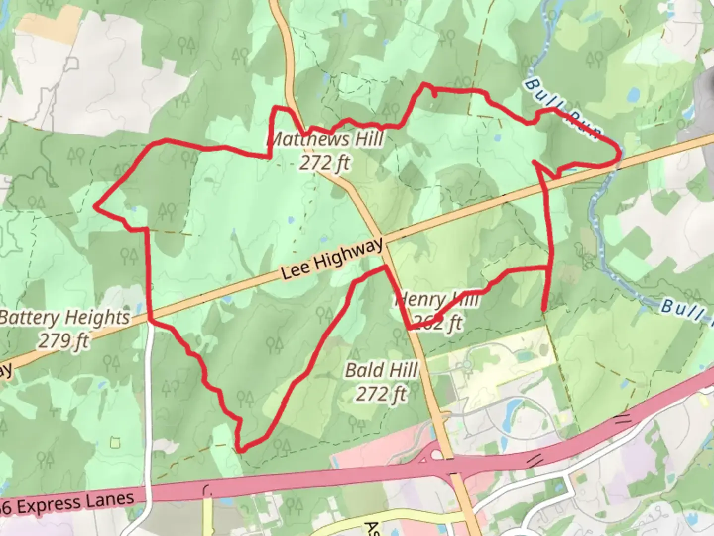 An image depicting the trail Hill Top, First-Second Manassas Loop Trail and its surrounding area.
