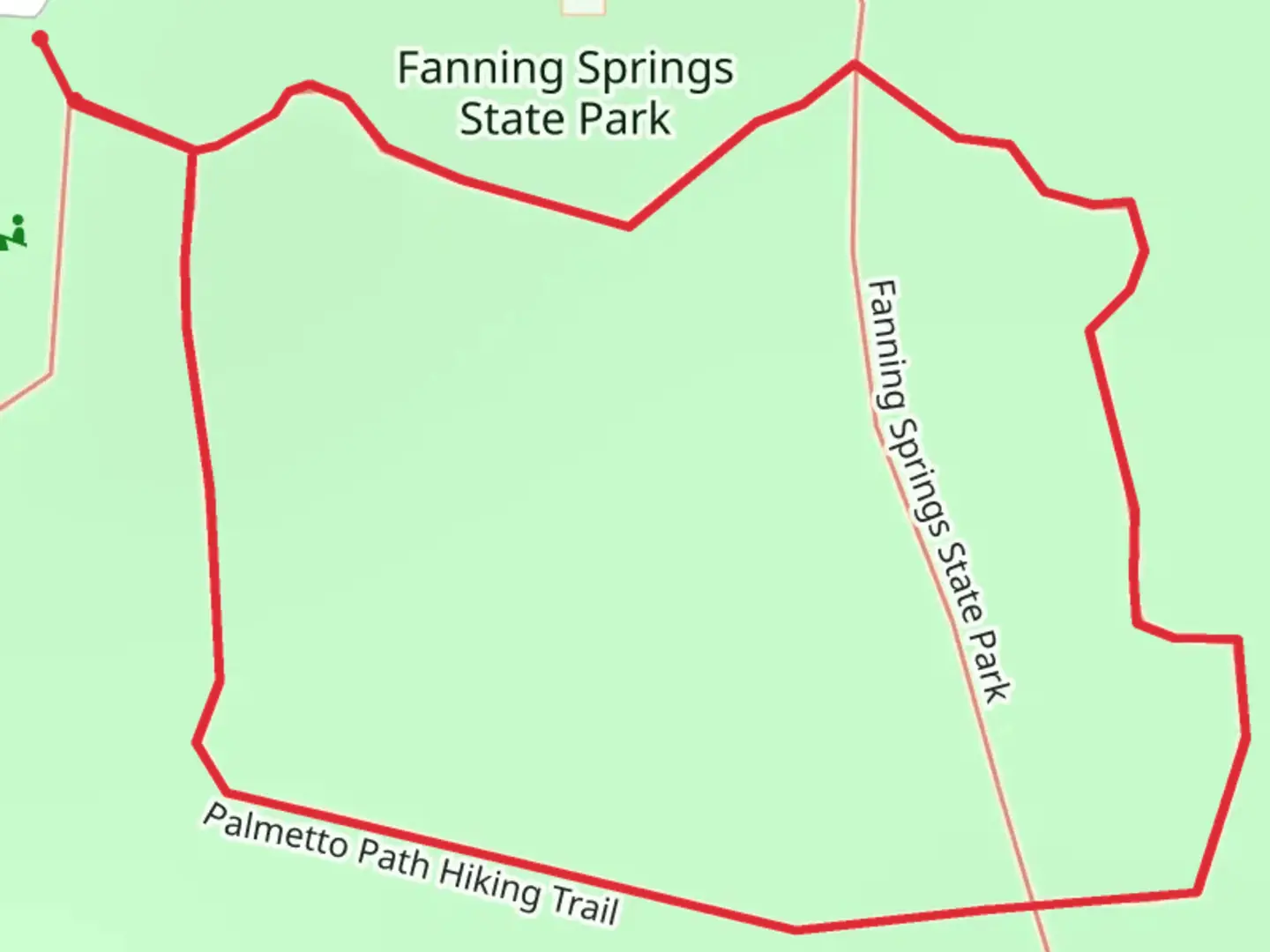 An image depicting the trail Palmetto Path Hiking Loop Trail in Fanning Springs State Park and its surrounding area.