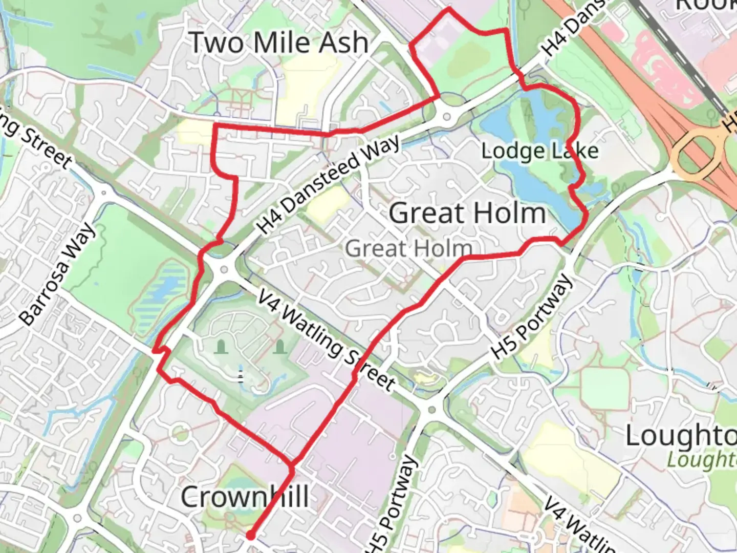An image depicting the trail Loughton Valley Linear Park and Lodge Lake Loop and its surrounding area.