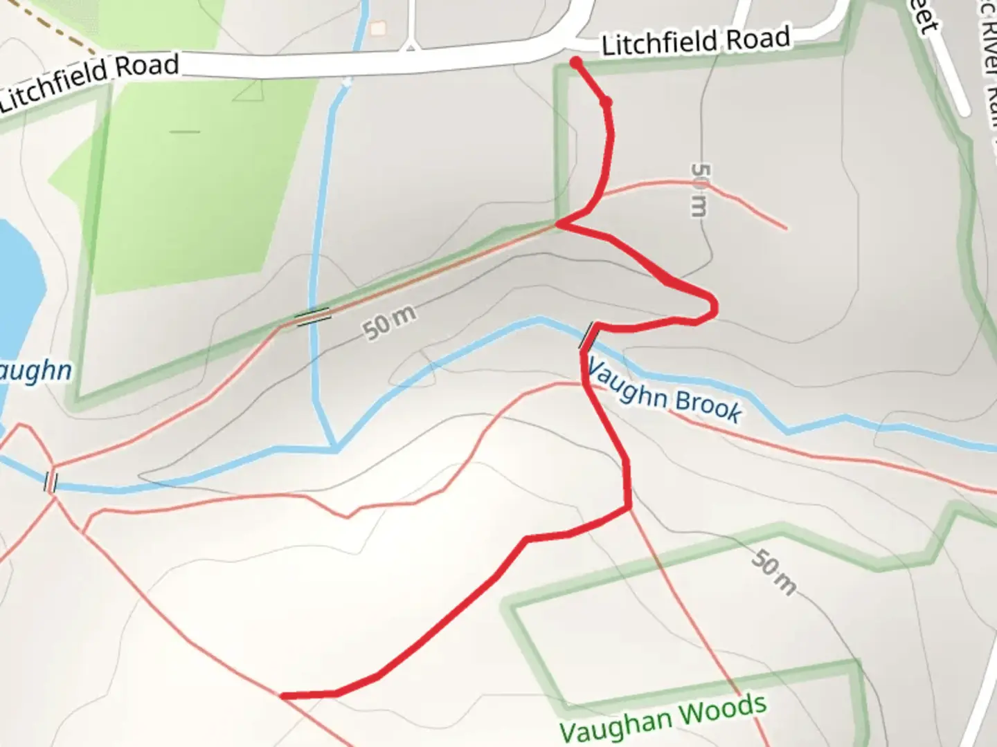 An image depicting the trail Vaughn Brook from Litchfield Road and its surrounding area.