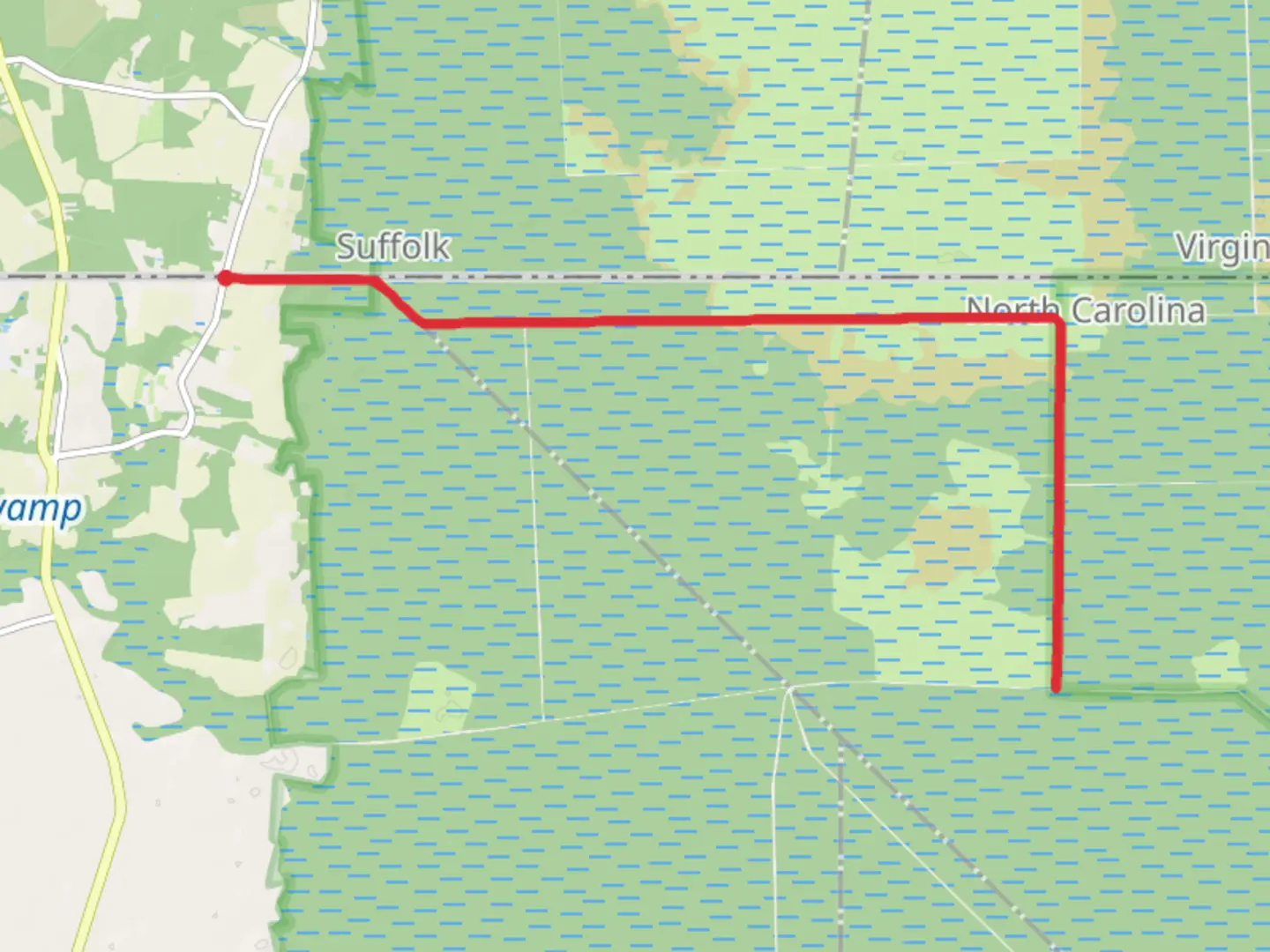 An image depicting the trail Corapeake Ditch and Forest Line Ditch and its surrounding area.