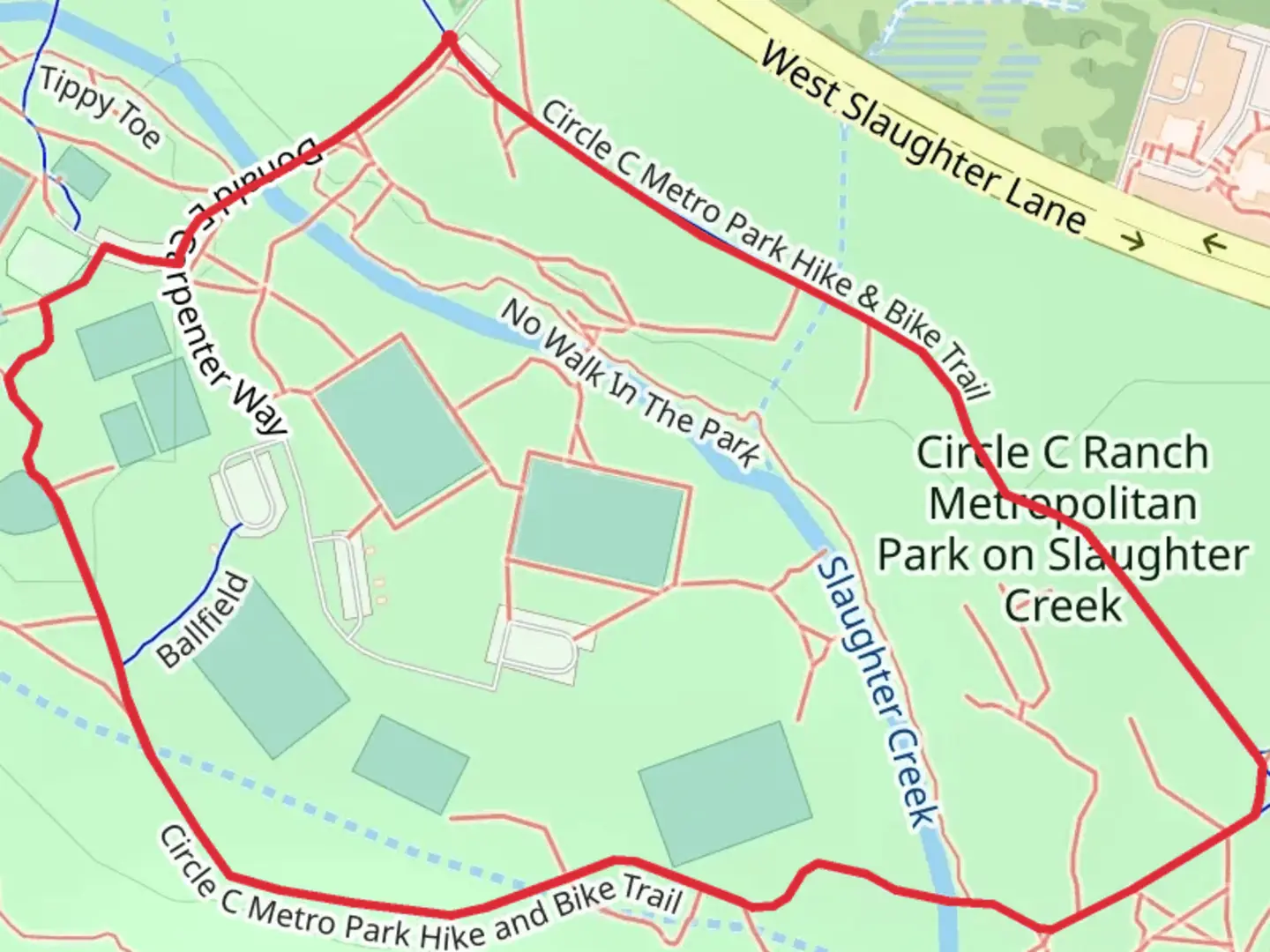 An image depicting the trail Circle C Metro Park Hike Loop Trail and its surrounding area.