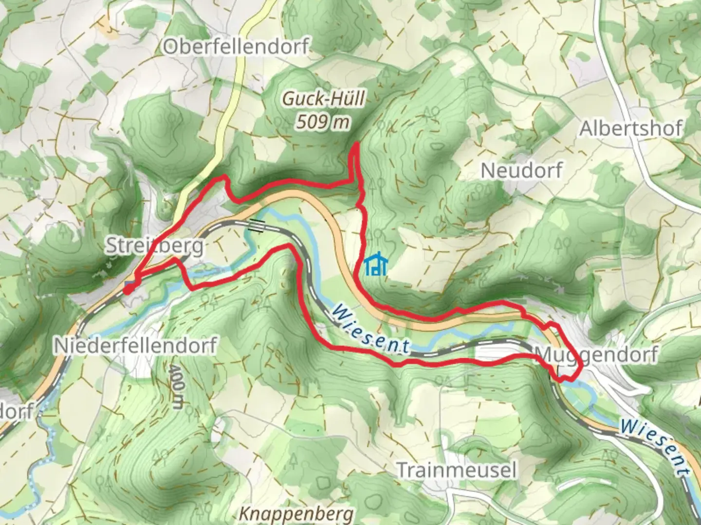 An image depicting the trail Wiesent via Leo Jonst Weg and Oberjaegermarter and its surrounding area.