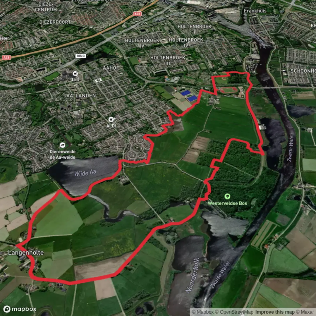 An image depicting the trail Wijde Aa and Jochthaven via Brinkhoek Weg and Doden Weg and its surrounding area.