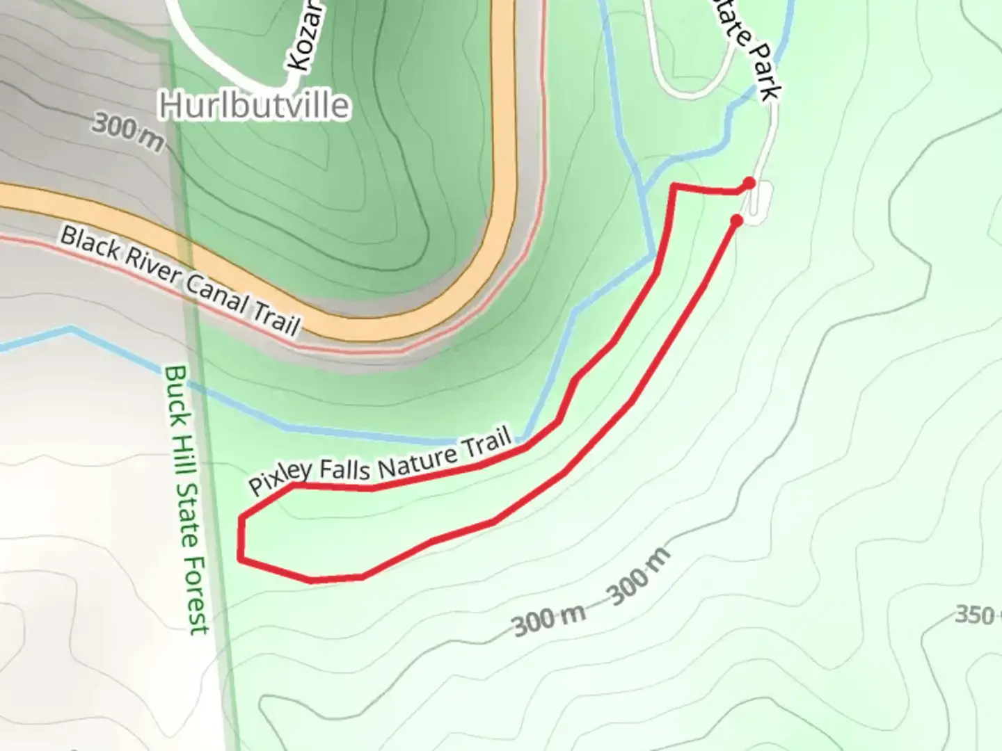An image depicting the trail Pixley Falls Nature Loop Trail and its surrounding area.