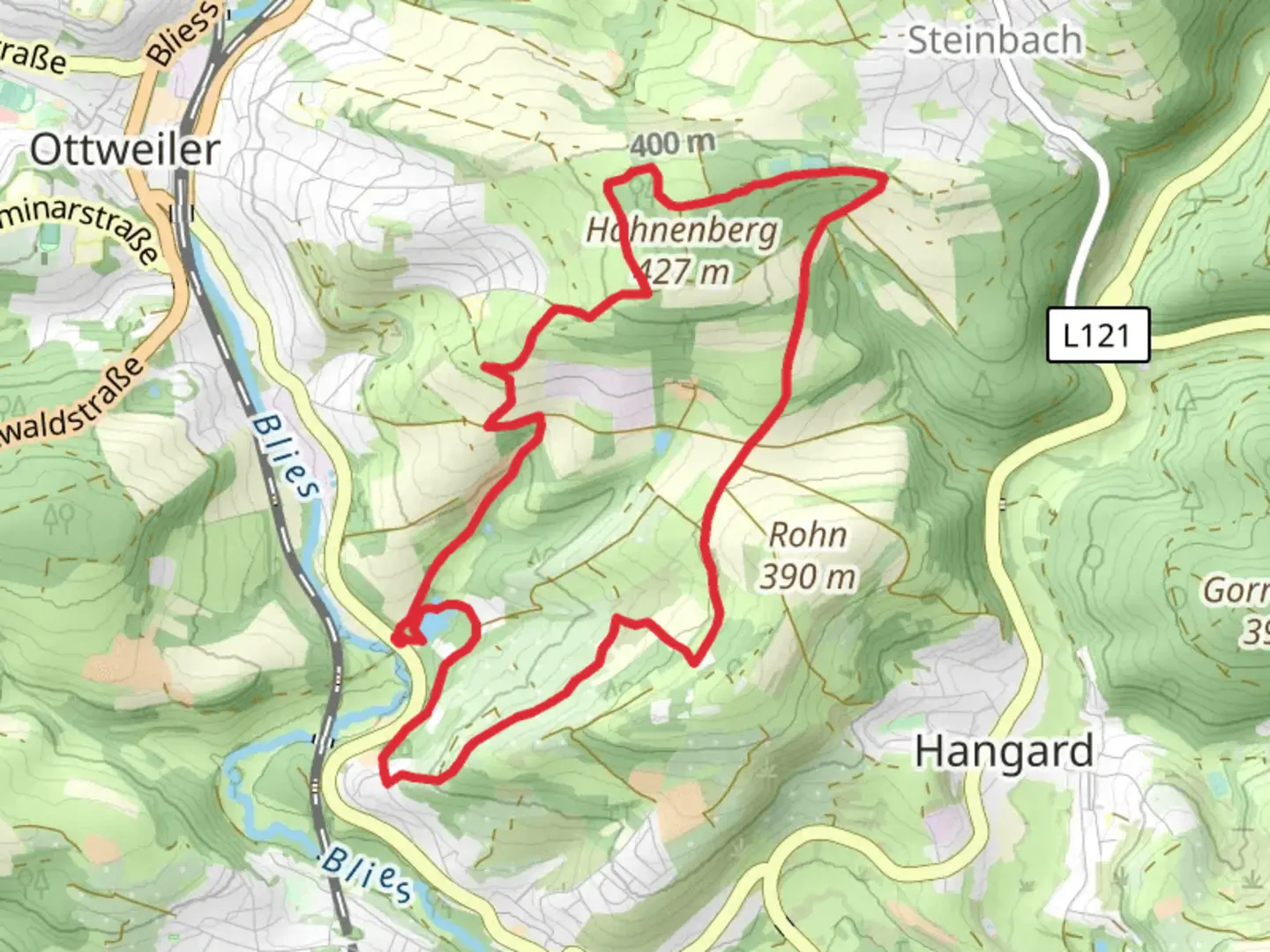 An image depicting the trail Fischweiher Randsbach via NK Weg and Steinbachpfad and its surrounding area.
