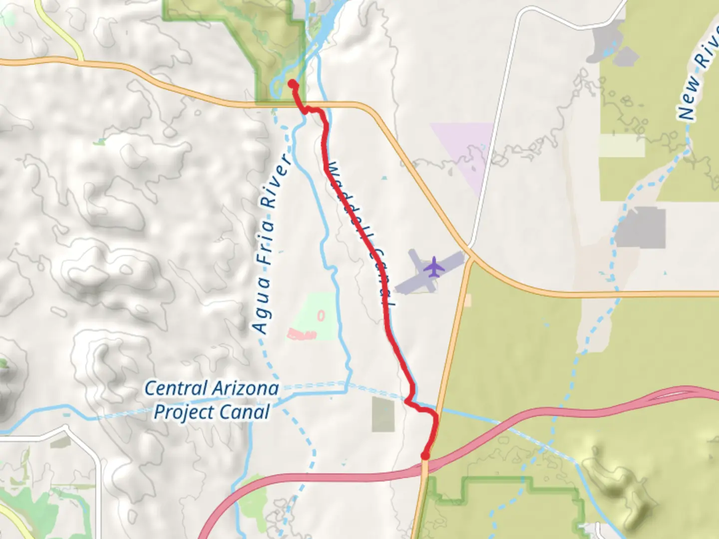 An image depicting the trail Waddel Canal via Maricopa Trail and its surrounding area.