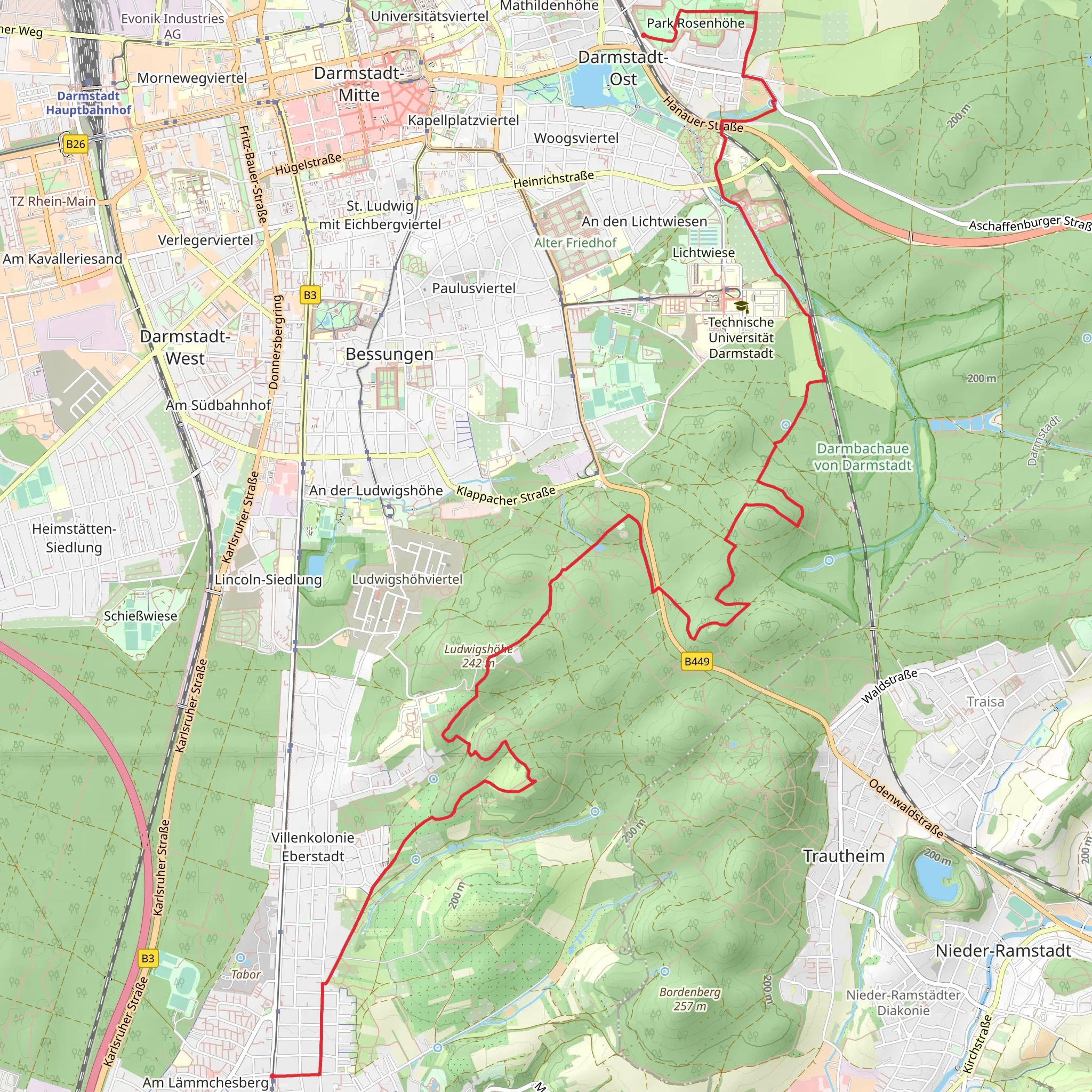 Wartehalle to Darmstadt Ost via Sieben Huegel Steig mobile static map