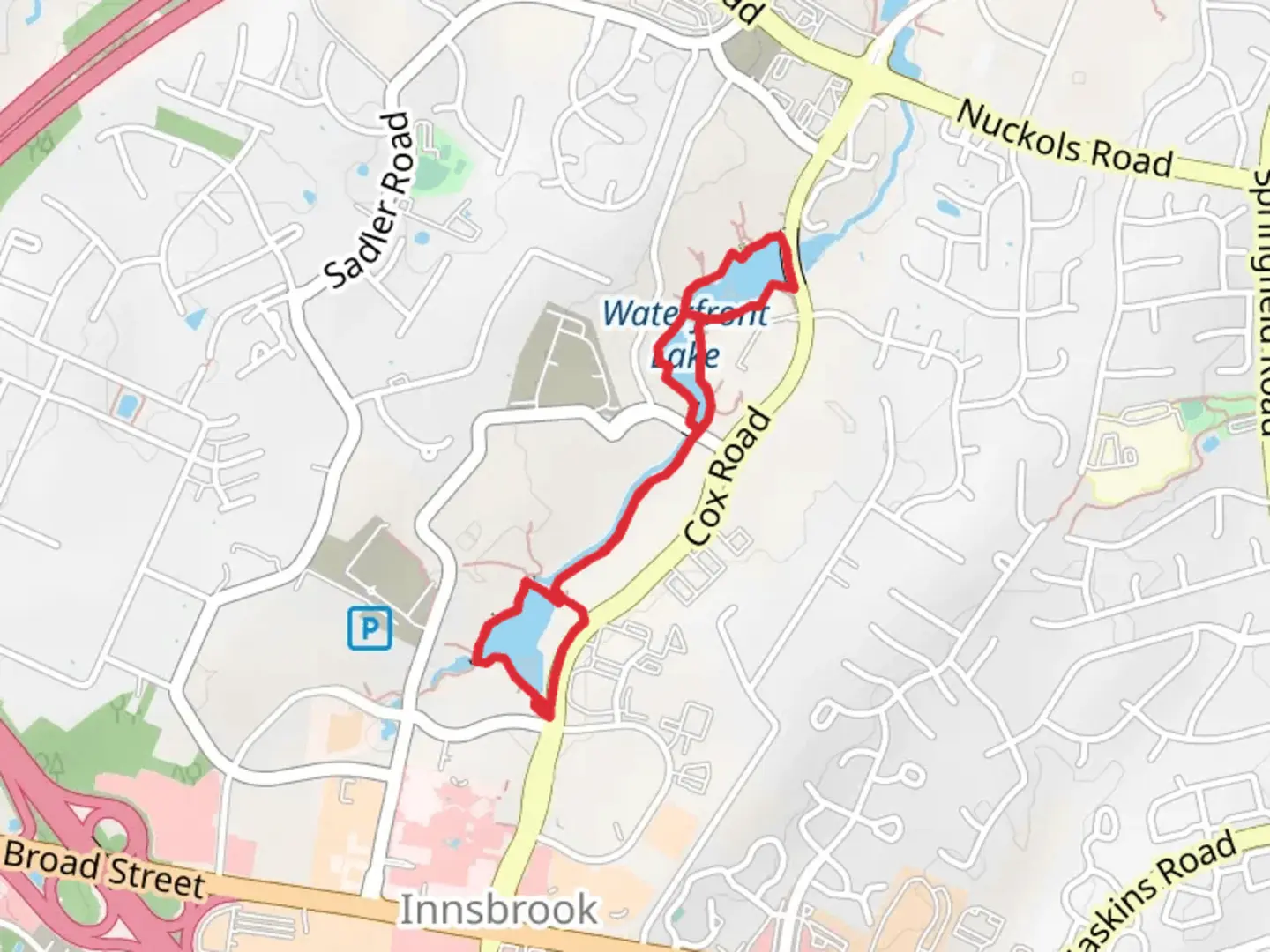 An image depicting the trail Lake Innsbrook and Waterfront Lake Loop and its surrounding area.