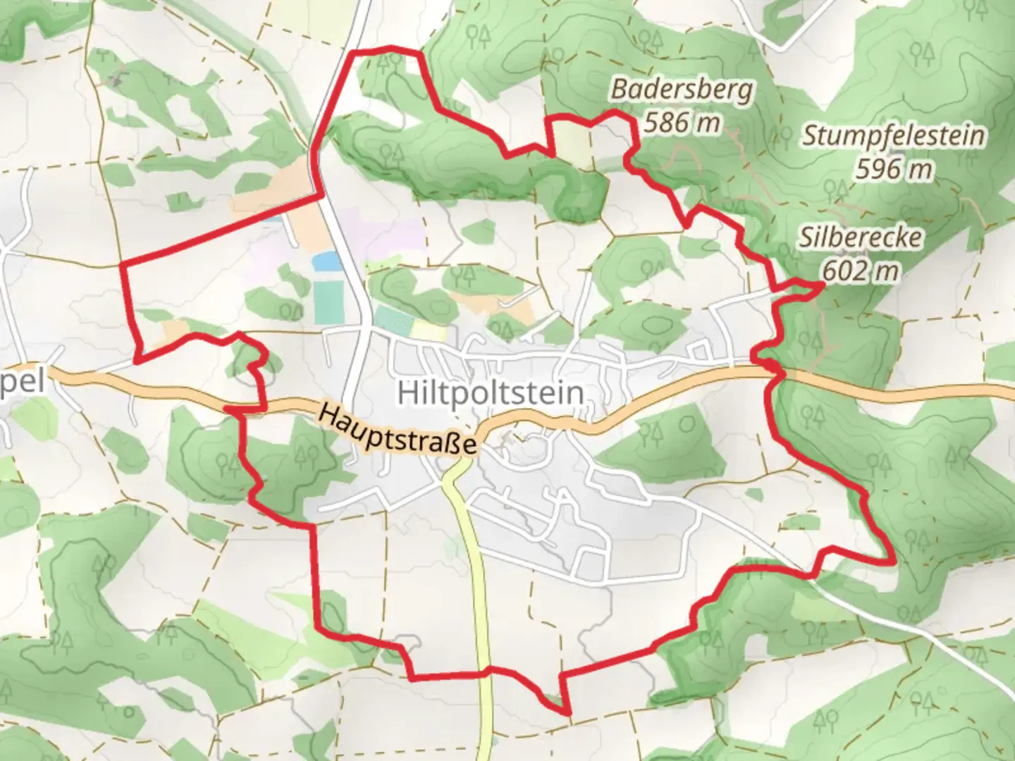 An image depicting the trail Hiltpoltstein Gelbring Loop and its surrounding area.