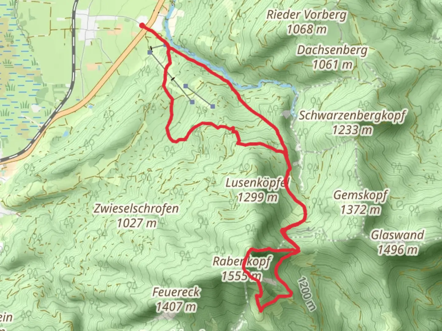 An image depicting the trail Orterere Wald, KLeinhutte, Rabenkopf and Schwarzeck Loop and its surrounding area.
