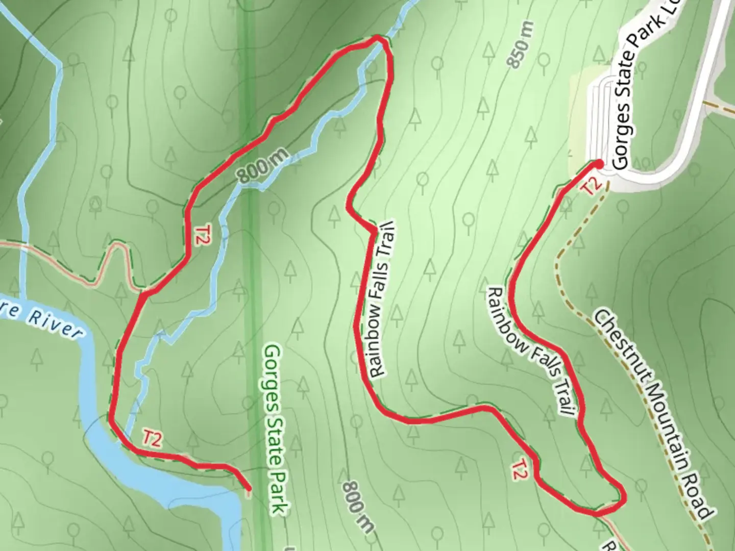 An image depicting the trail Rainbow Falls Trail - Gorges State Park Loop Road and its surrounding area.