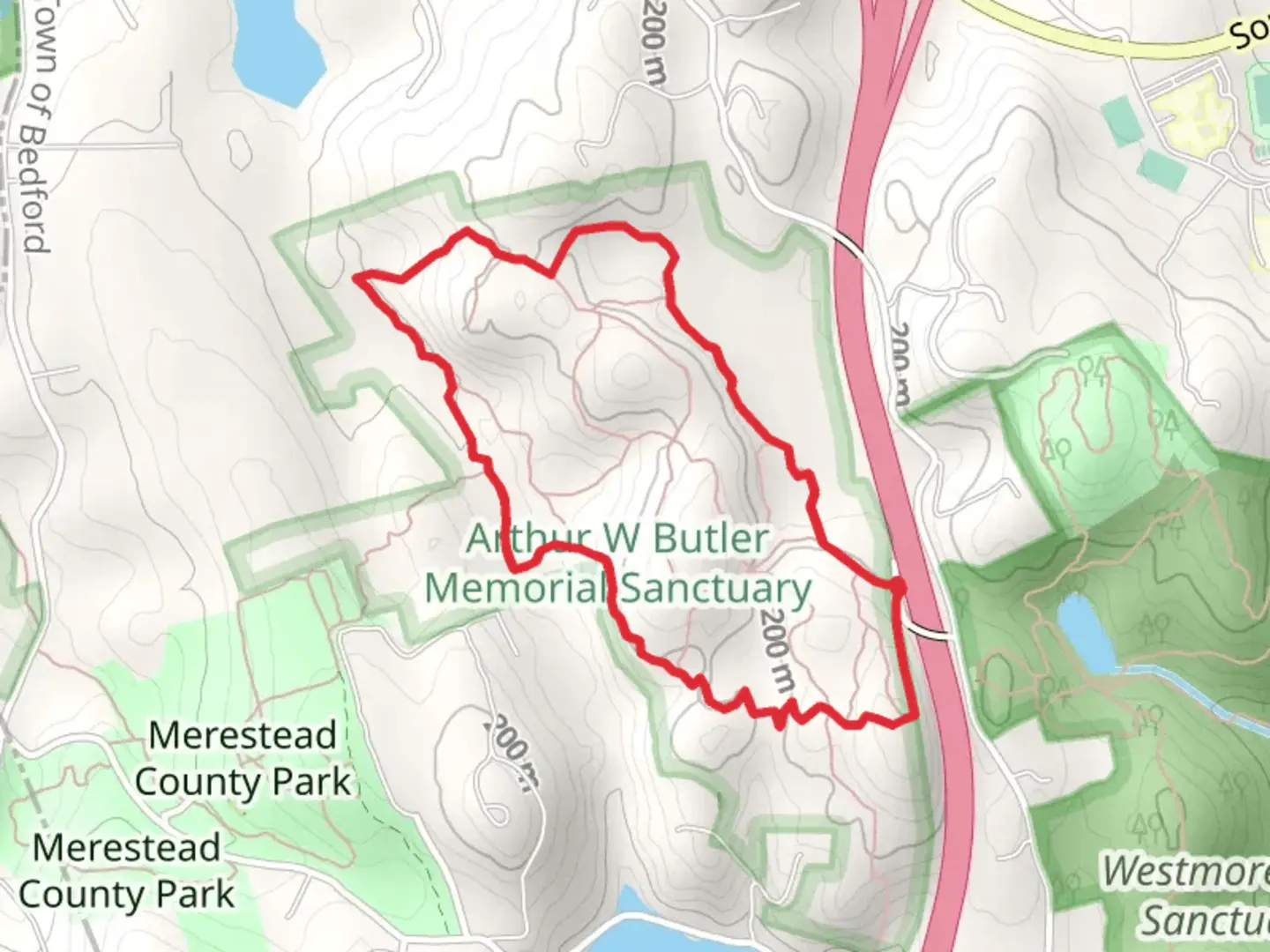 An image depicting the trail Orange Hawk Watch Trail and Yellow Trail Loop - Butler Sanctuary and its surrounding area.