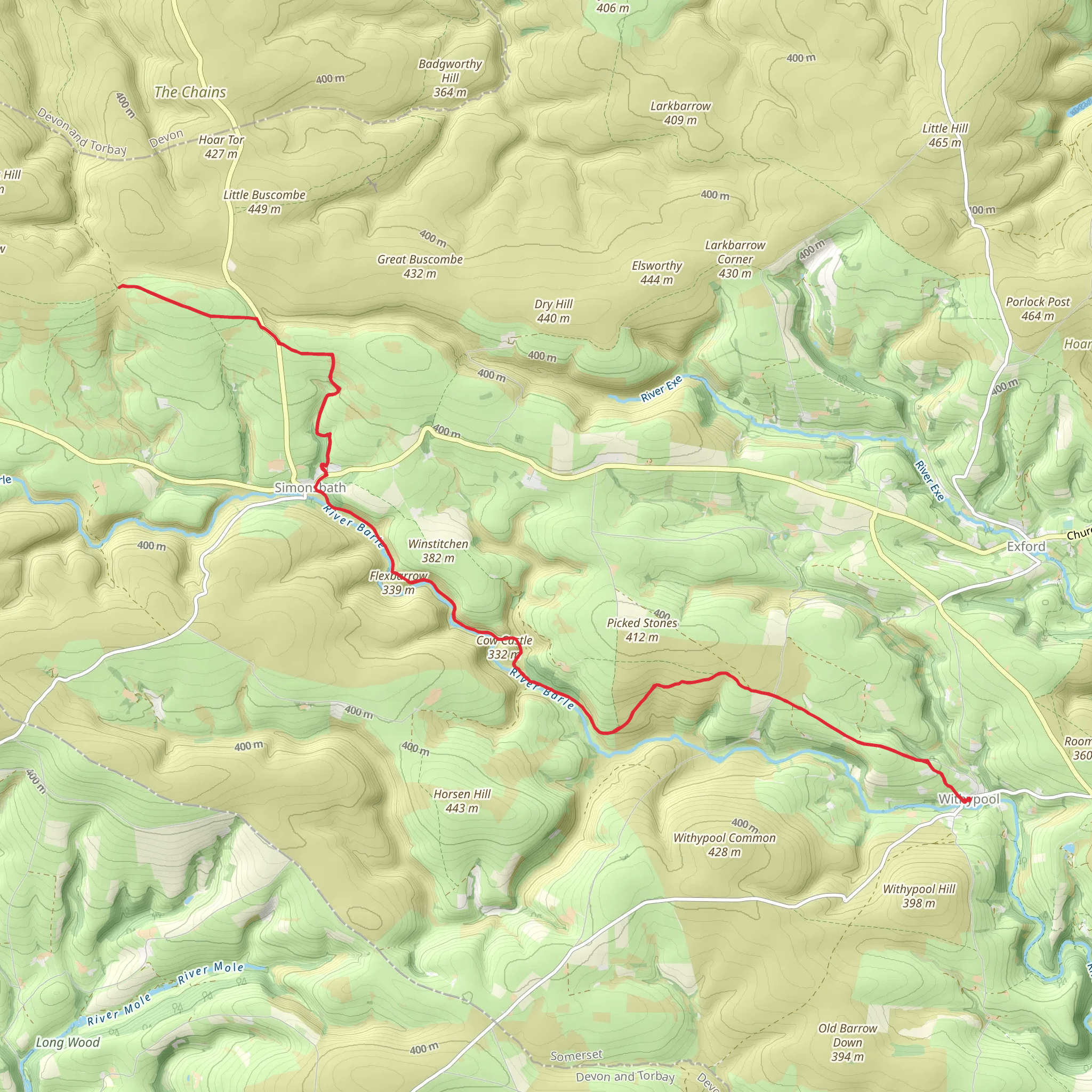 Withypool to Exe Head via Two Moors Way mobile static map