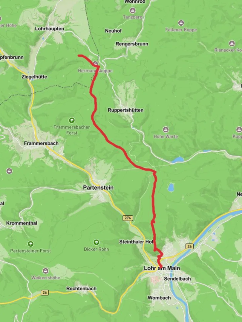 An image depicting the trail Helligenkuppel to Lohr Bahnhof Walk and its surrounding area.