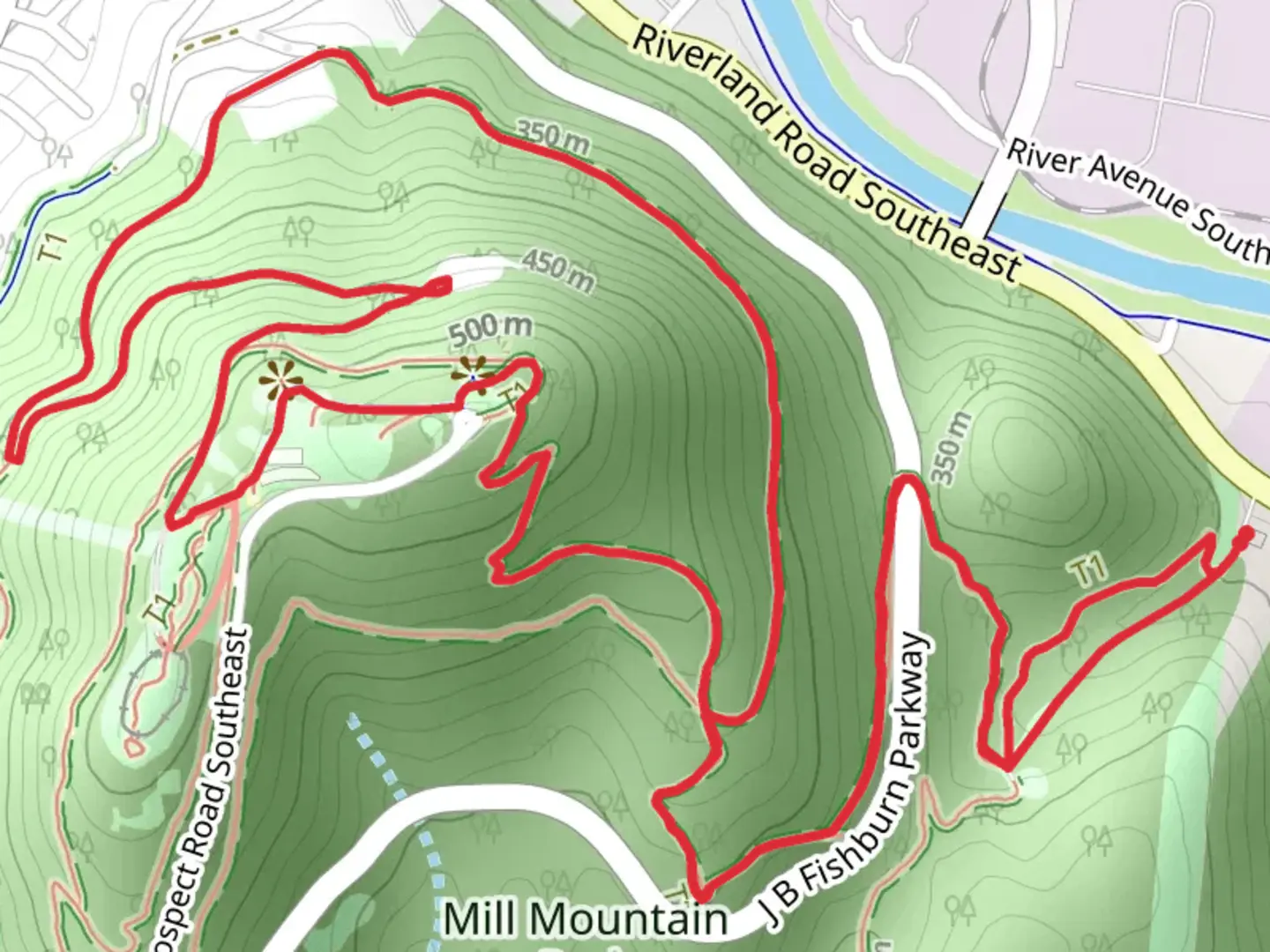 An image depicting the trail Mill mountain via Wood Thrush Trail and Start Trail Loop and its surrounding area.