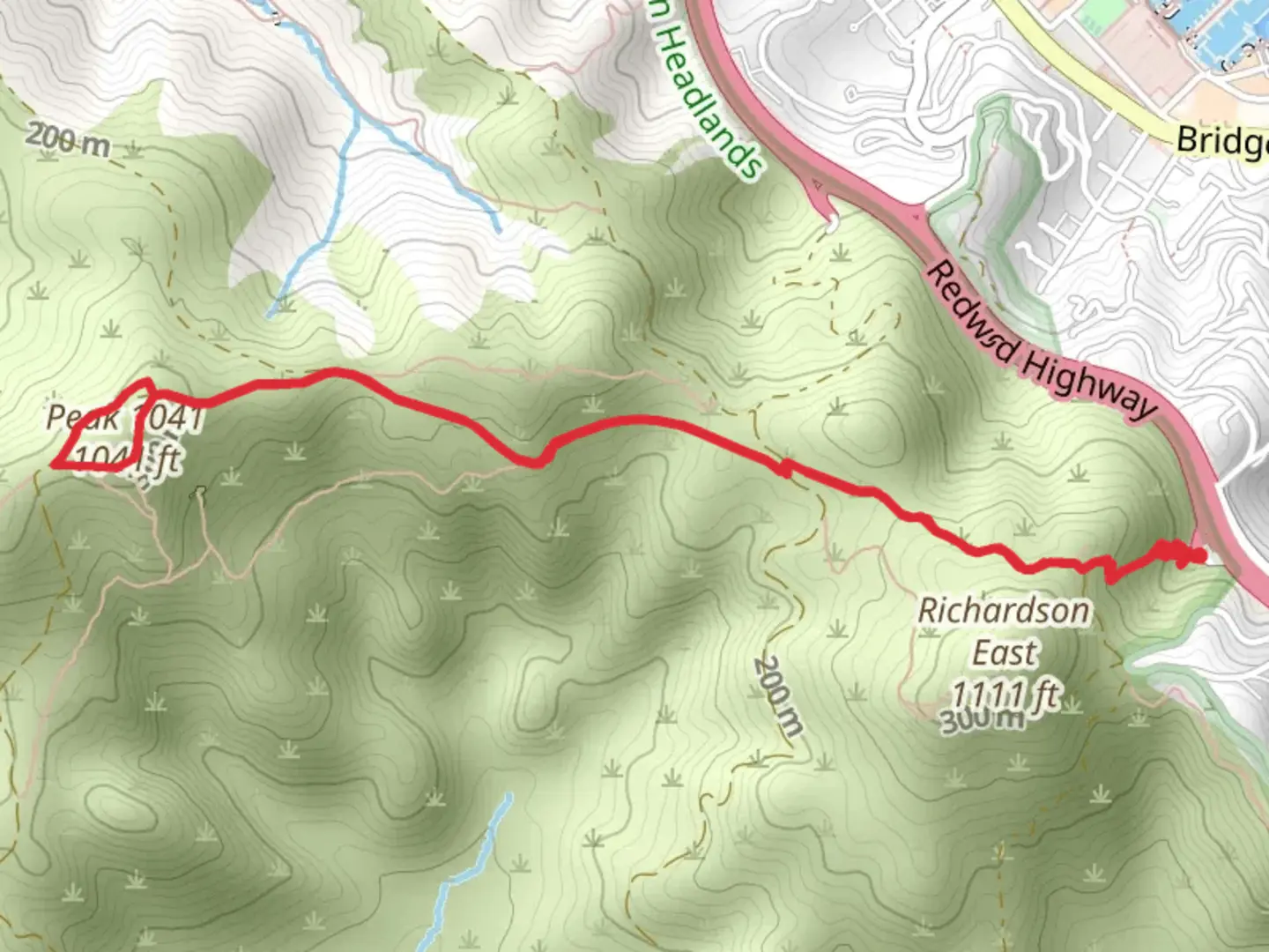 An image depicting the trail Miwok, Peak 1041 and Morning Sun Trail and its surrounding area.