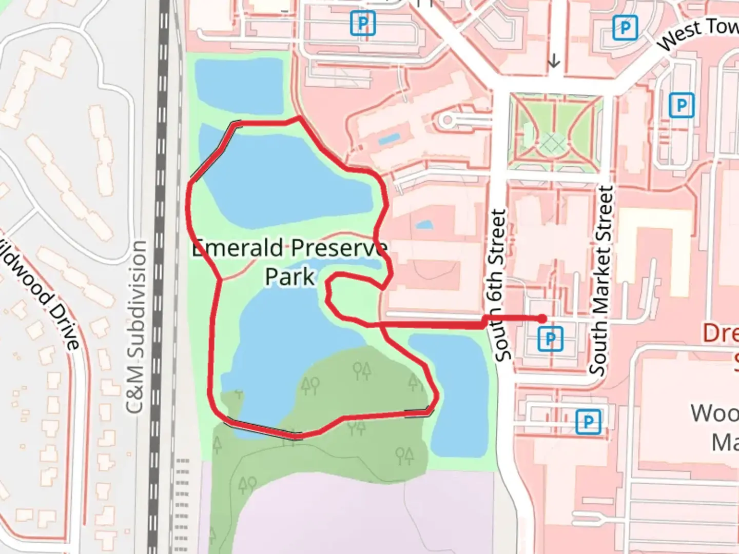 An image depicting the trail Emerald Preserve Park Loop and its surrounding area.