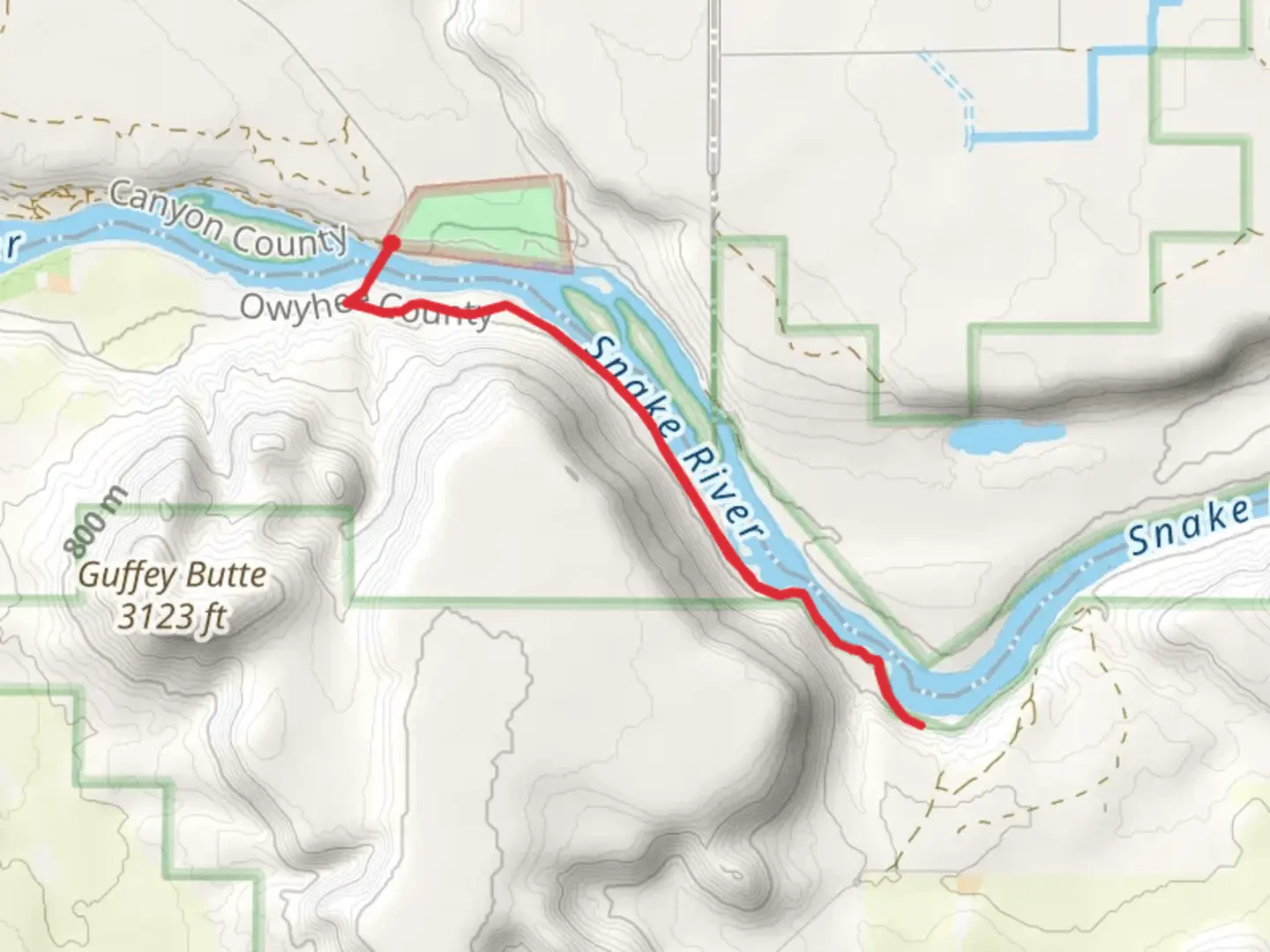 An image depicting the trail Guffey Butte Ridge via Guffey Bridge and its surrounding area.