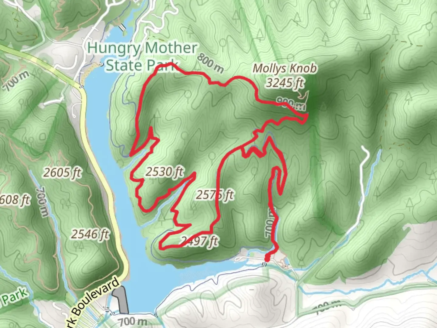 An image depicting the trail CCC, Molly's Knob and Lake Loop Trail and its surrounding area.