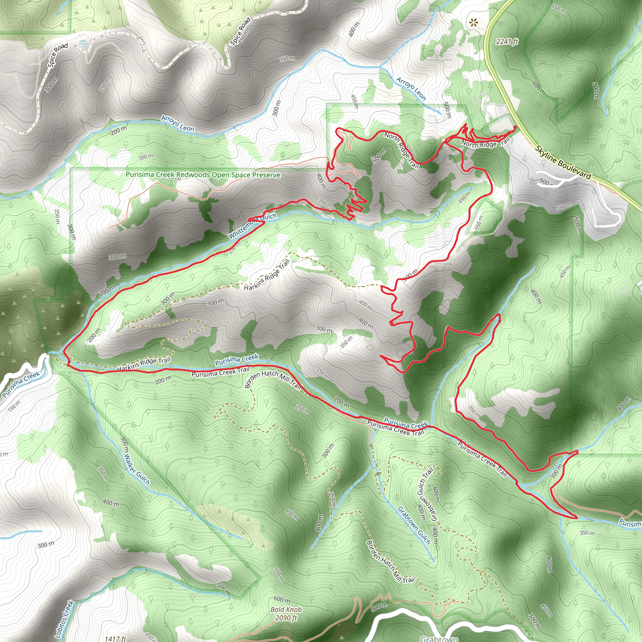 Whittemore Gulch, Purisima Creek and Harkins Ridge Loop Trail mobile static map