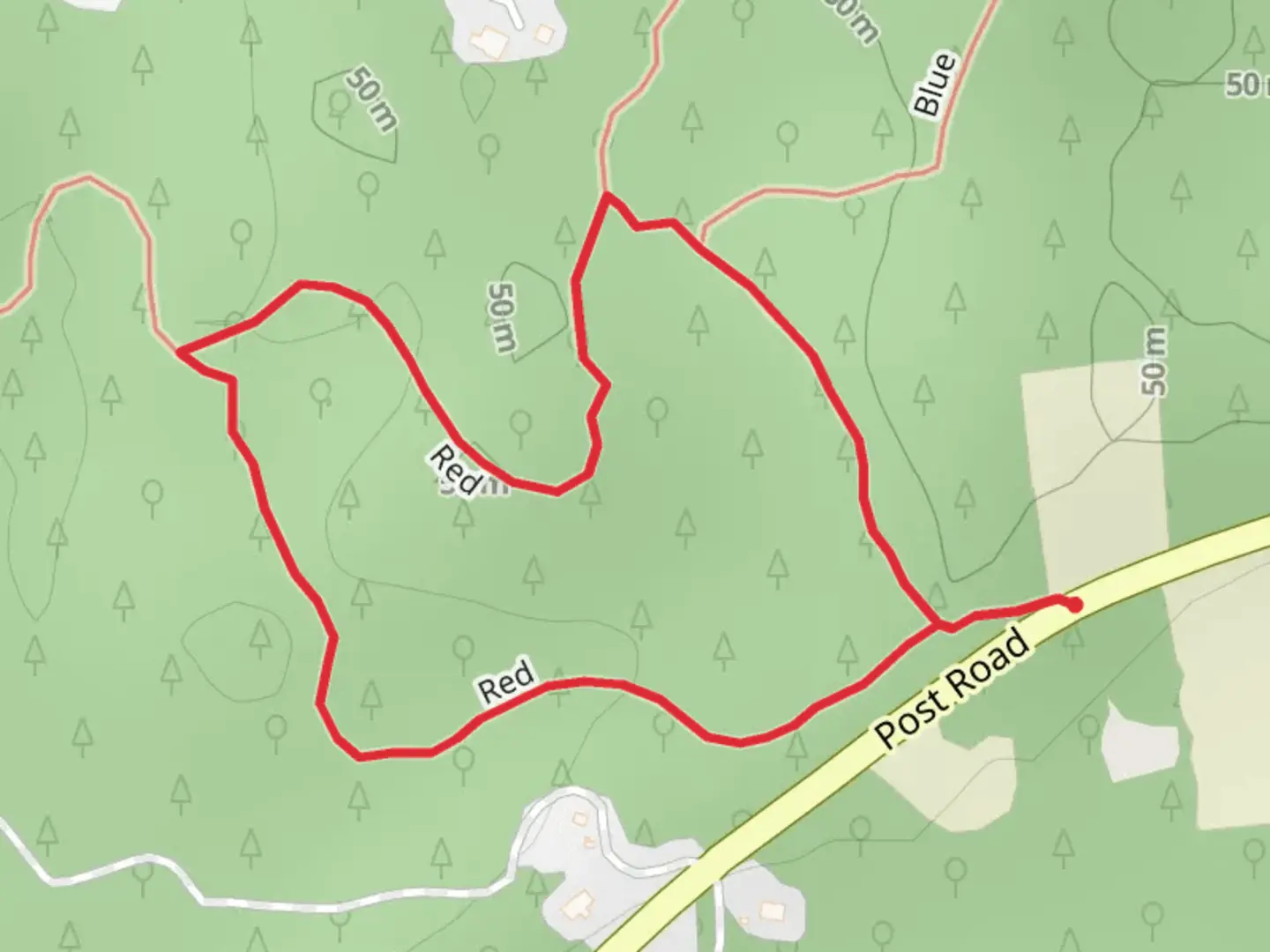 An image depicting the trail Red Loop and its surrounding area.