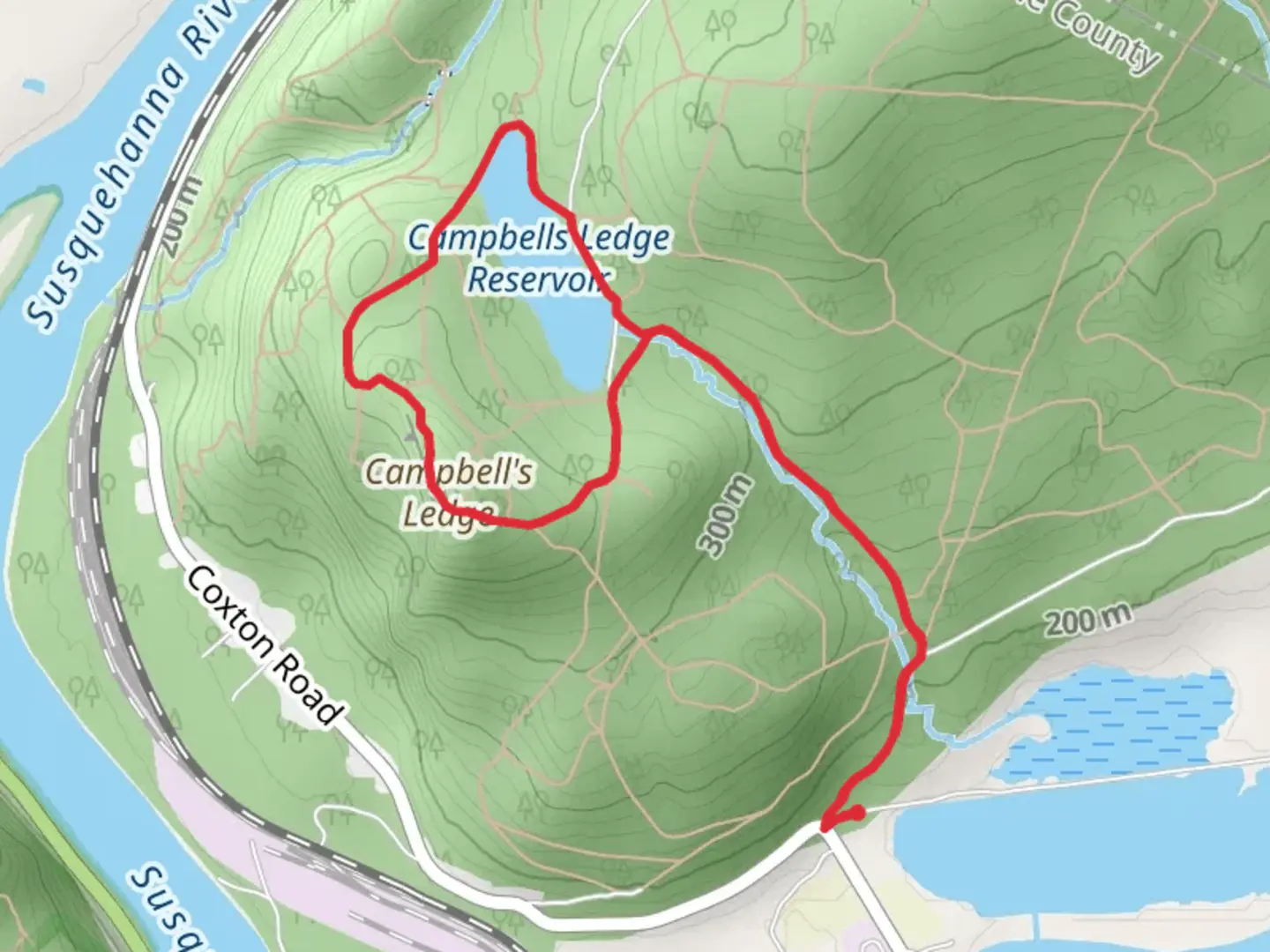 An image depicting the trail Campbell's Ledge and Campbells Ledge Reservoir Loop Trail and its surrounding area.