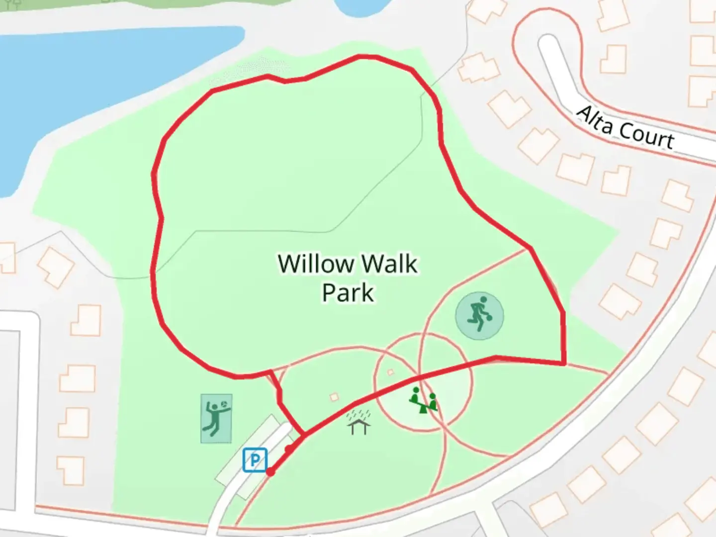 An image depicting the trail Willow Walk Park Loop and its surrounding area.