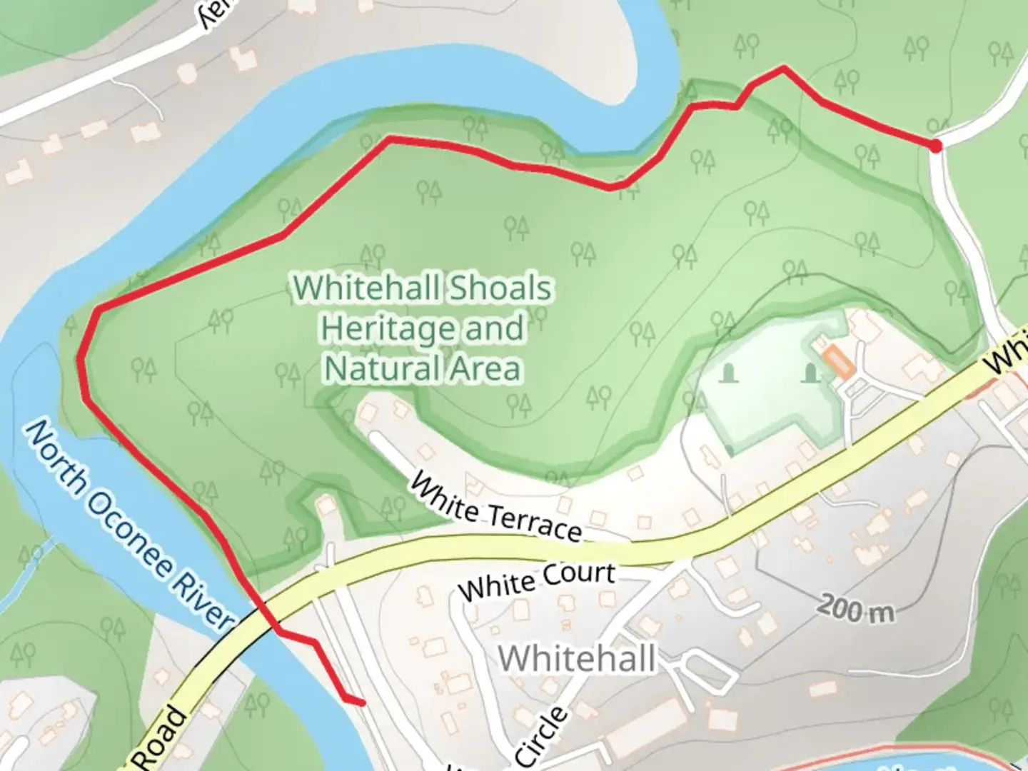 An image depicting the trail Whitehall Shoals Natural Area and its surrounding area.